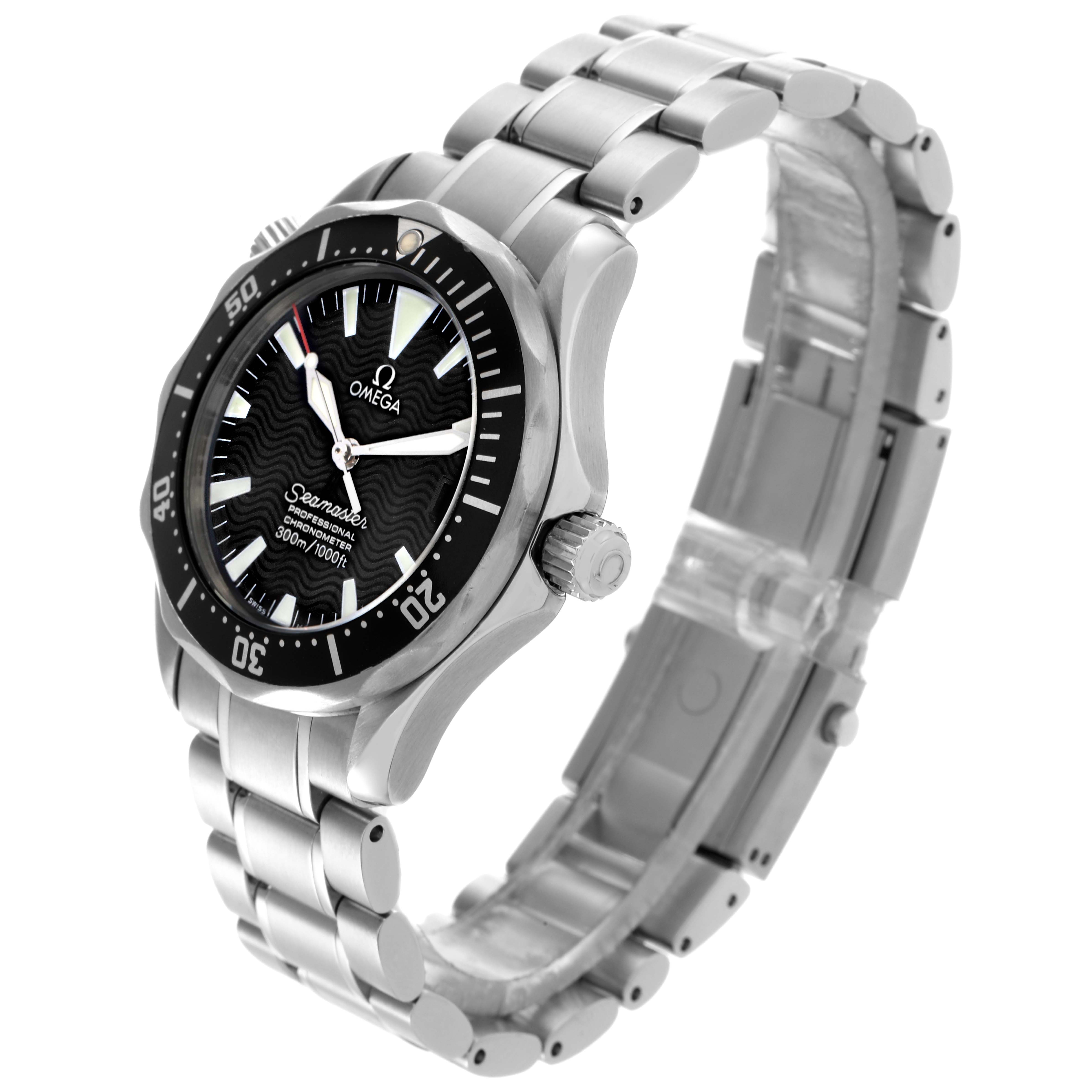 The Omega Seamaster 2252.50.00 Men
s Stainless Steel Black Dial 2252.50.00 Men
s Stainless Steel Black Dial watch is shown from a side angle, highlighting the dial, bezel, crown, and bracelet.