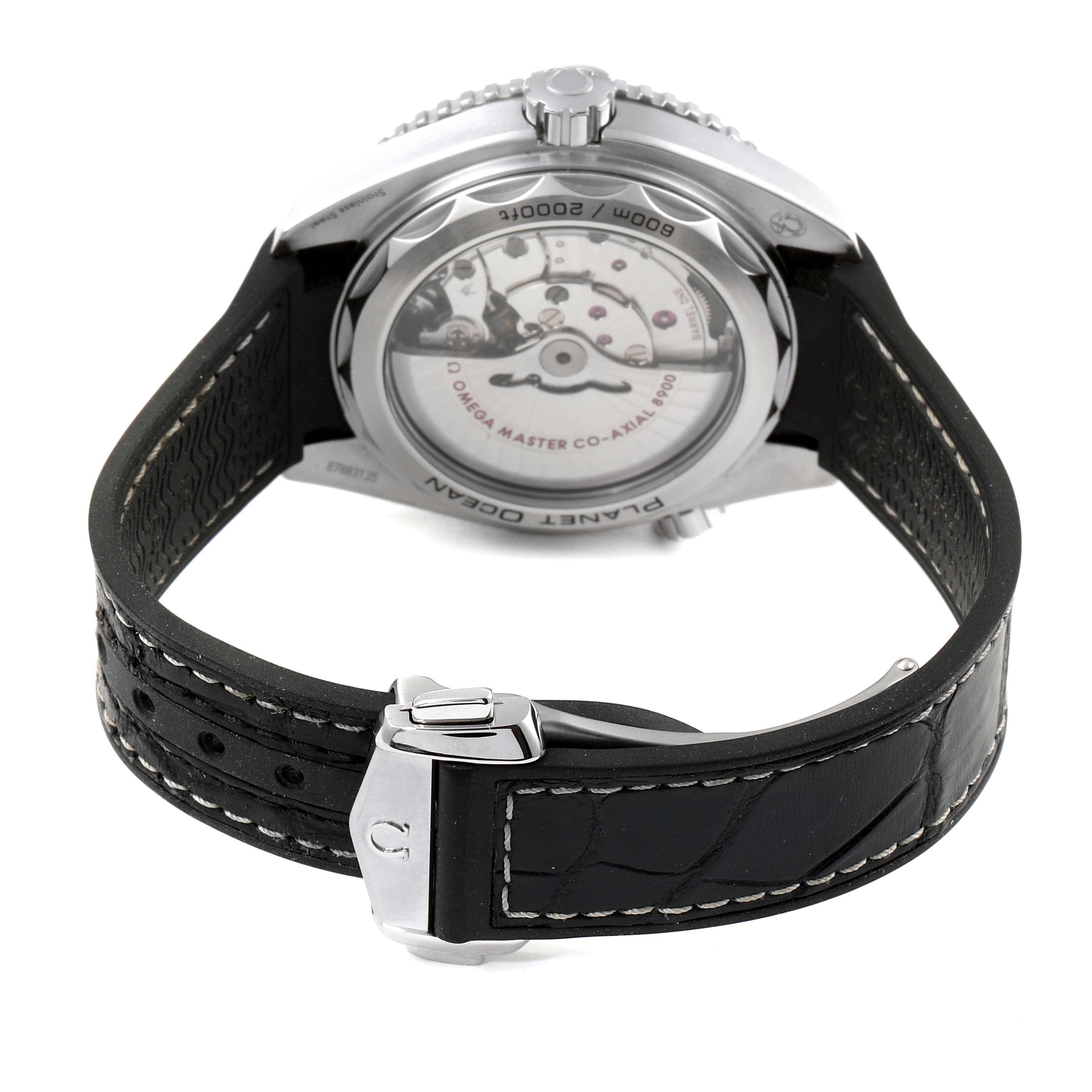 The image shows the back view of an Omega Planet Ocean 215.33.44.21.01.001 Men's Stainless Steel Black Dial 215.33.44.21.01.001 Men's Stainless Steel Black Dial watch, highlighting the transparent case back and the leather strap with stitching.