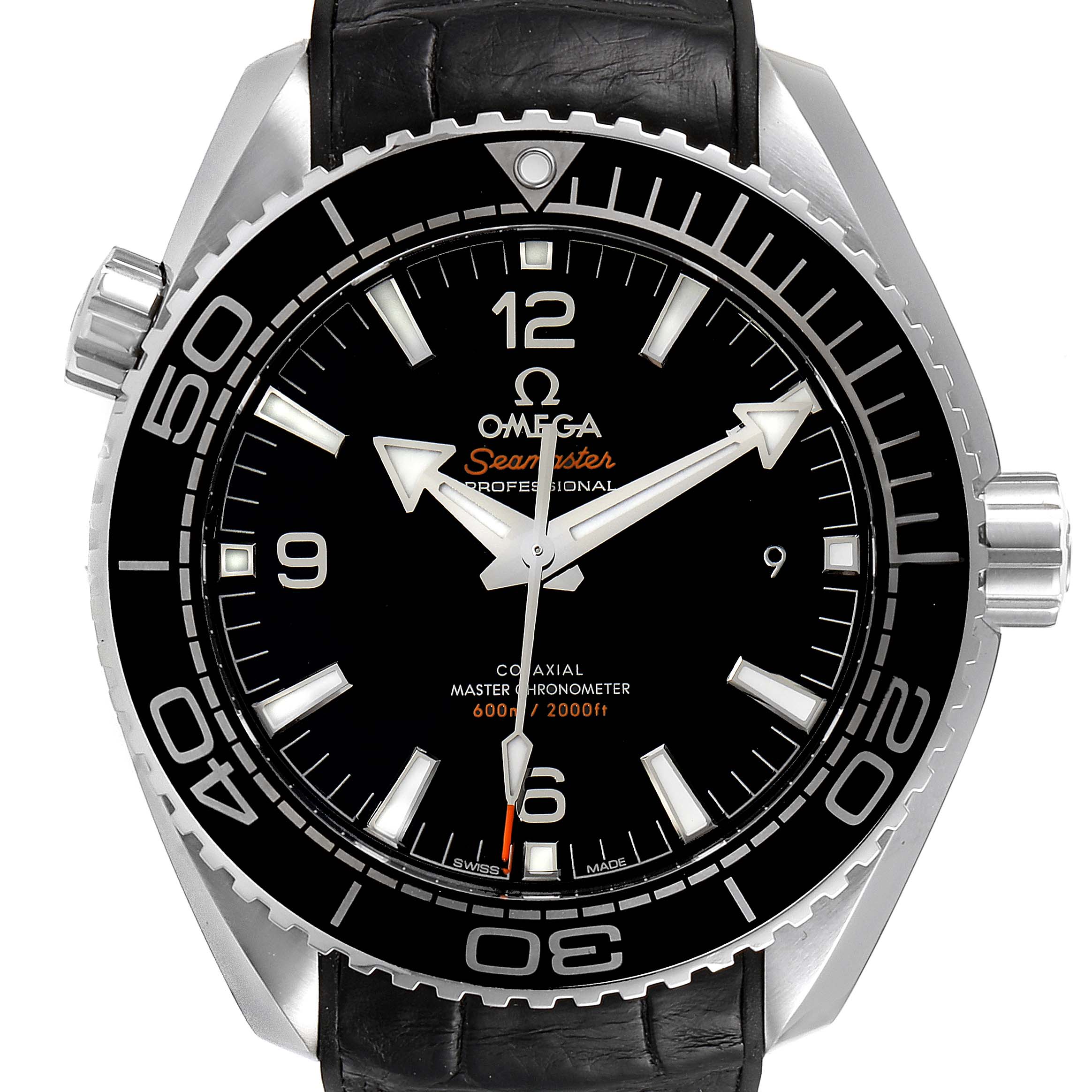 This image shows a frontal view of the Omega Planet Ocean 215.33.44.21.01.001 Men's Stainless Steel Black Dial 215.33.44.21.01.001 Men's Stainless Steel Black Dial Seamaster watch, featuring its dial, bezel, and crown.