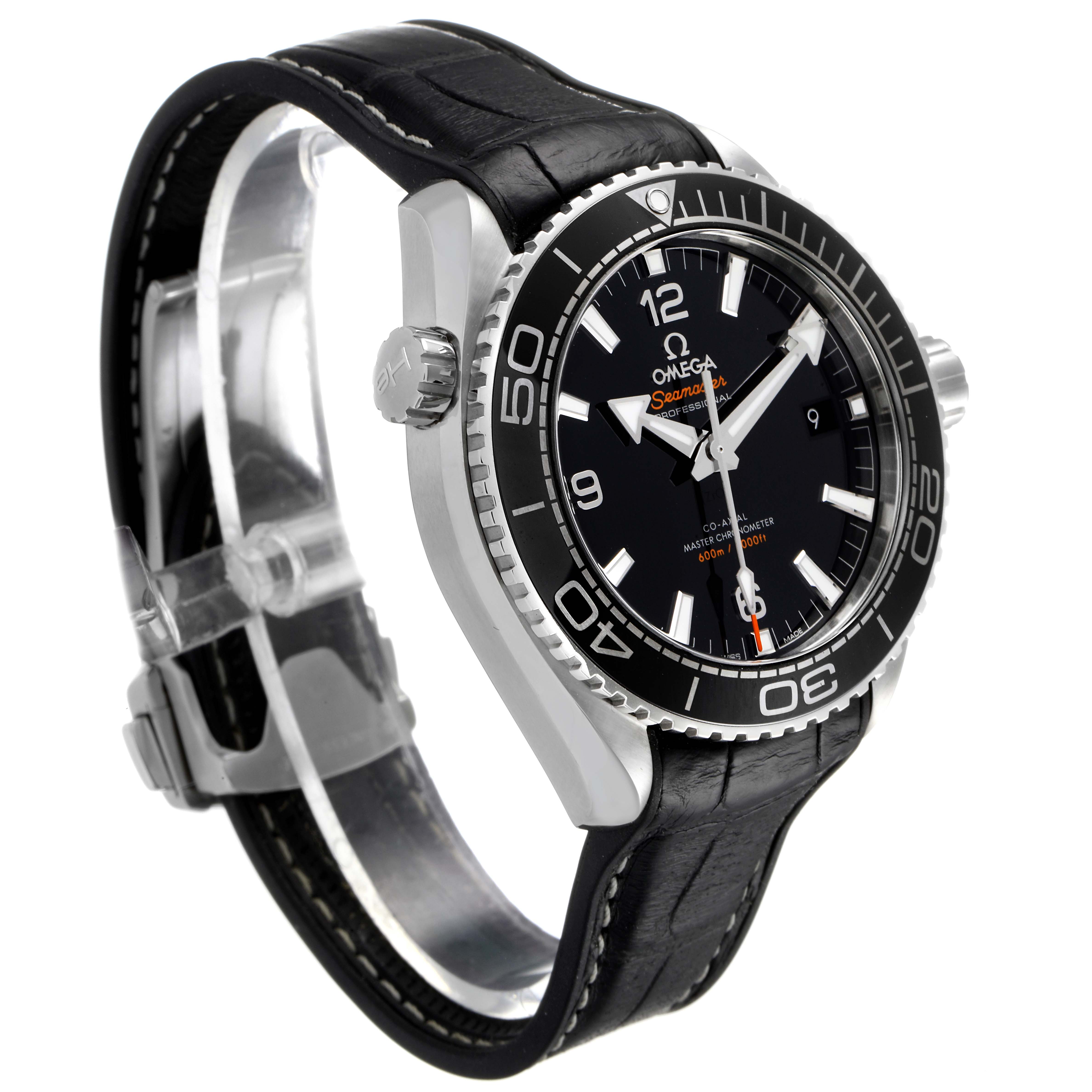 The Omega Planet Ocean 215.33.44.21.01.001 Men's Stainless Steel Black Dial 215.33.44.21.01.001 Men's Stainless Steel Black Dial watch is shown at an angle displaying the front dial, crown, bezel, and leather strap.