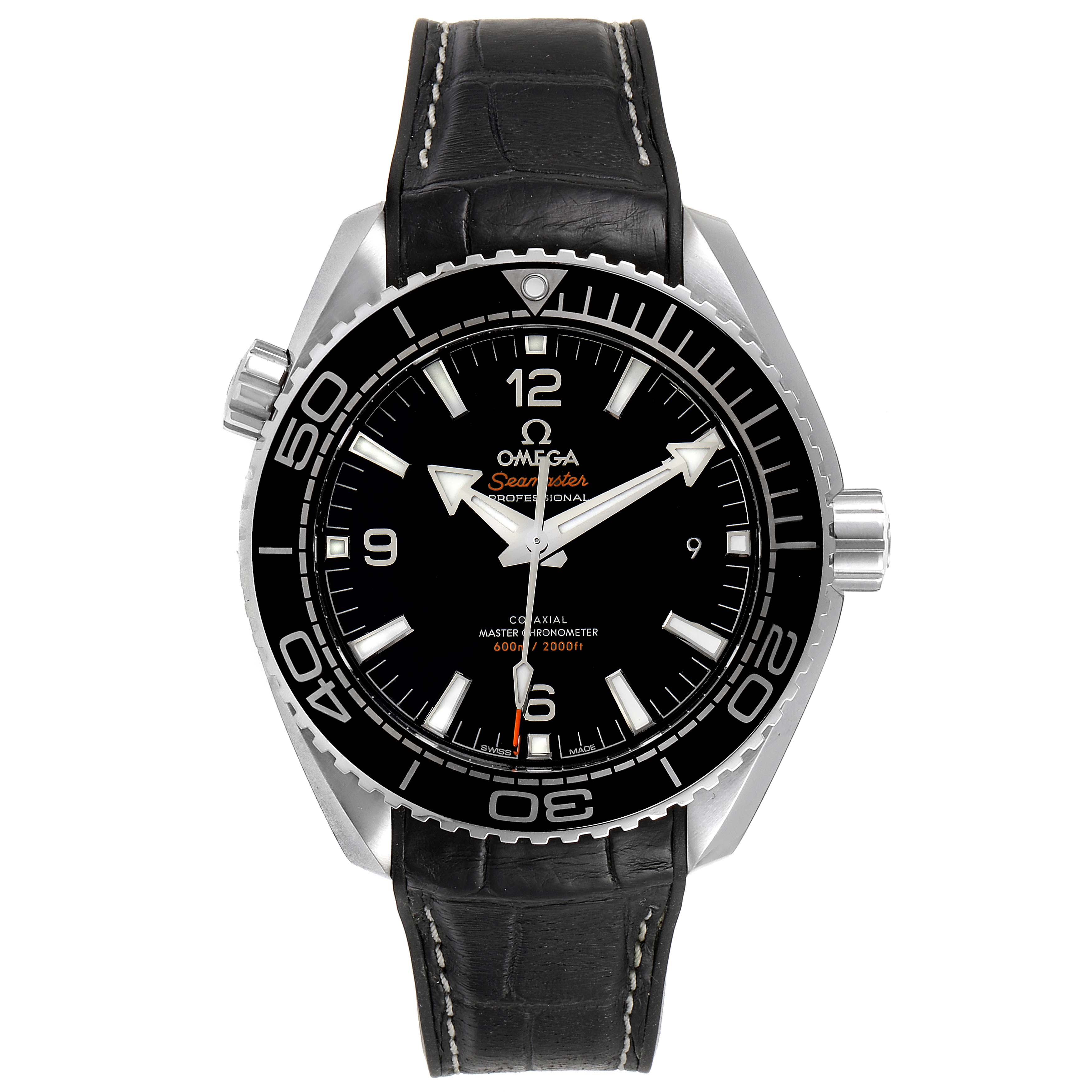 The image shows a front view of an Omega Planet Ocean 215.33.44.21.01.001 Men's Stainless Steel Black Dial 215.33.44.21.01.001 Men's Stainless Steel Black Dial watch, displaying its dial, bezel, and leather strap.