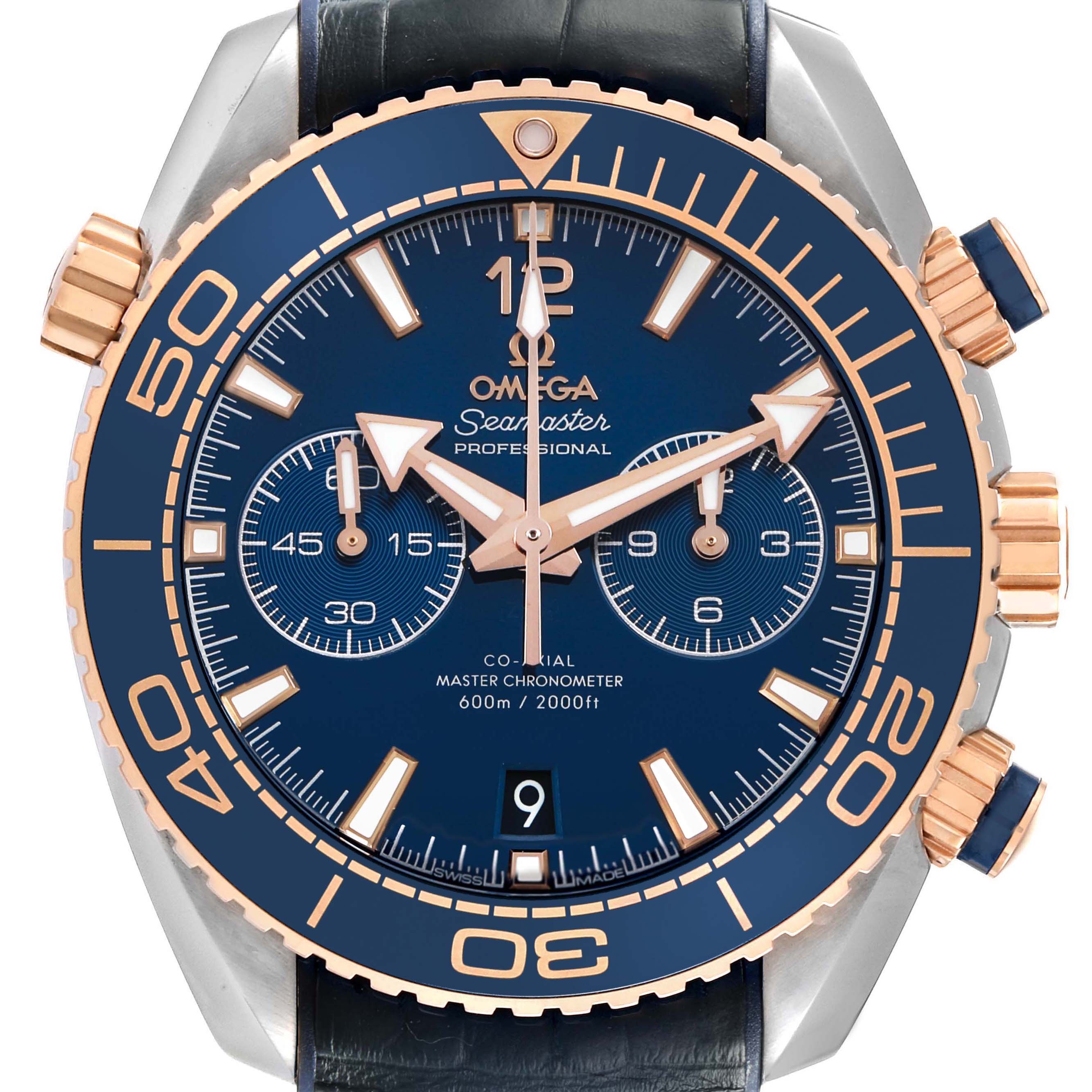 The Omega Planet Ocean 215.23.46.51.03.001 Men's Steel and Gold (two tone) Blue Dial model watch is shown from a front angle, featuring the dial, bezel, and pushers.