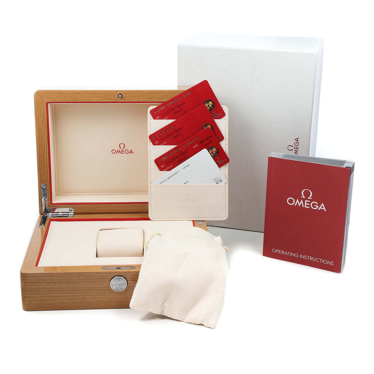 The image shows an Omega Planet Ocean 215.23.46.51.03.001 Men's Steel and Gold (two tone) Blue Dial watch box, cards, a pouch, and an instruction booklet.