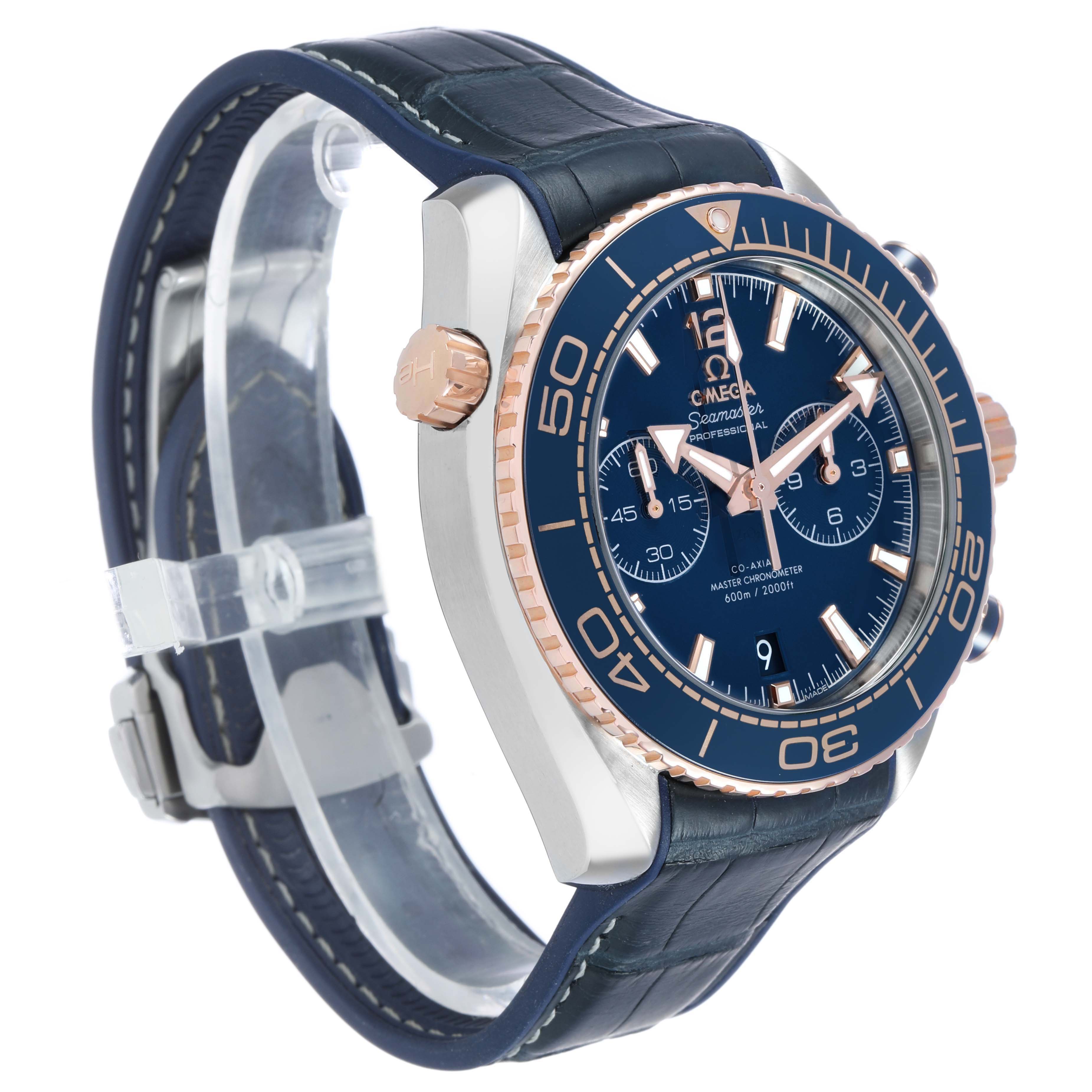 The Omega Planet Ocean 215.23.46.51.03.001 Men's Steel and Gold (two tone) Blue Dial watch is shown at a three-quarter angle, displaying the face, bezel, crown, and strap.