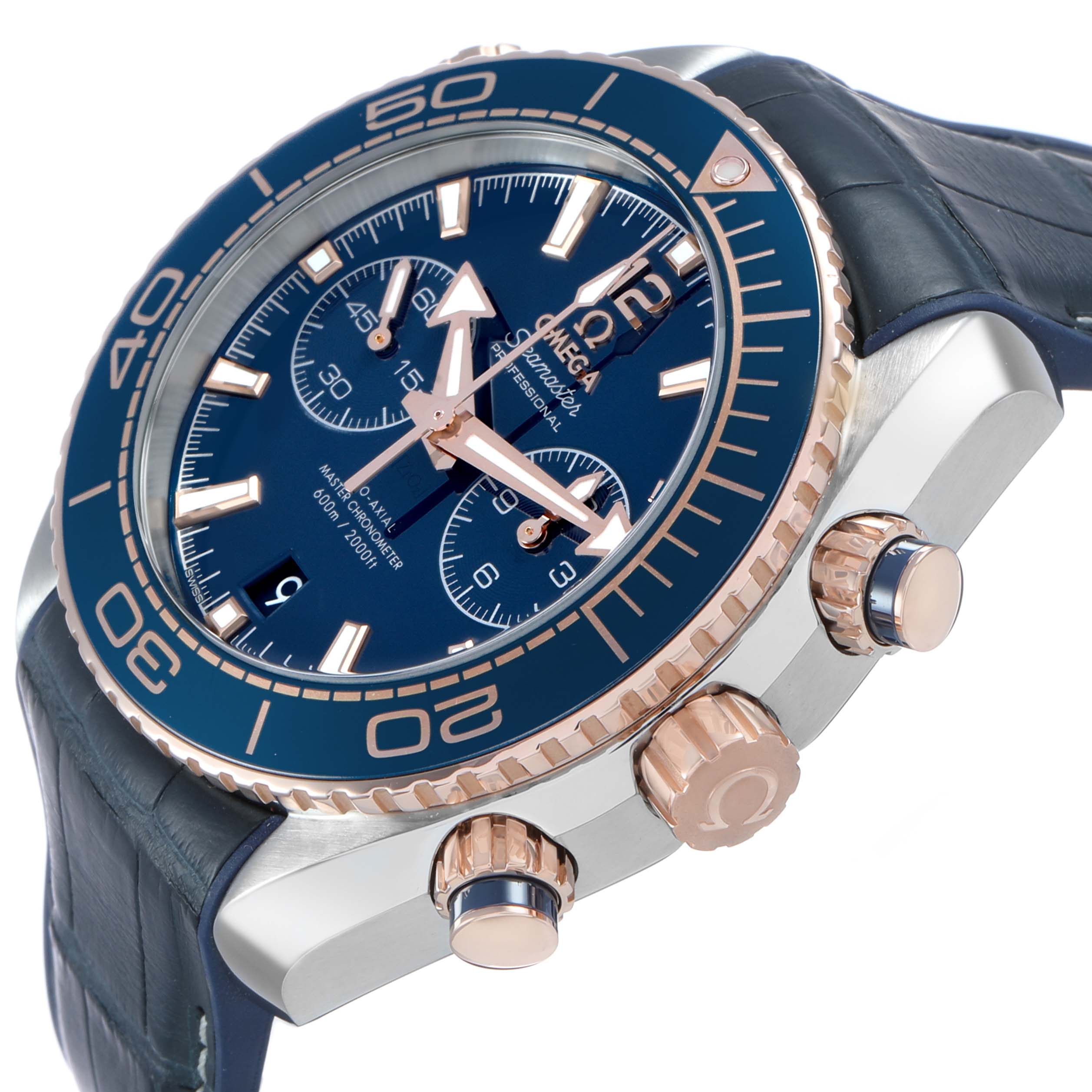 The Omega Planet Ocean 215.23.46.51.03.001 Men's Steel and Gold (two tone) Blue Dial watch is shown at an angled side view, highlighting the bezel, crown, and chronograph pushers.