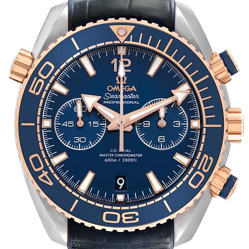 The Omega Planet Ocean 215.23.46.51.03.001 Men's Steel and Gold (two tone) Blue Dial watch is shown from the front with a blue dial, rose gold accents, and chronograph features.