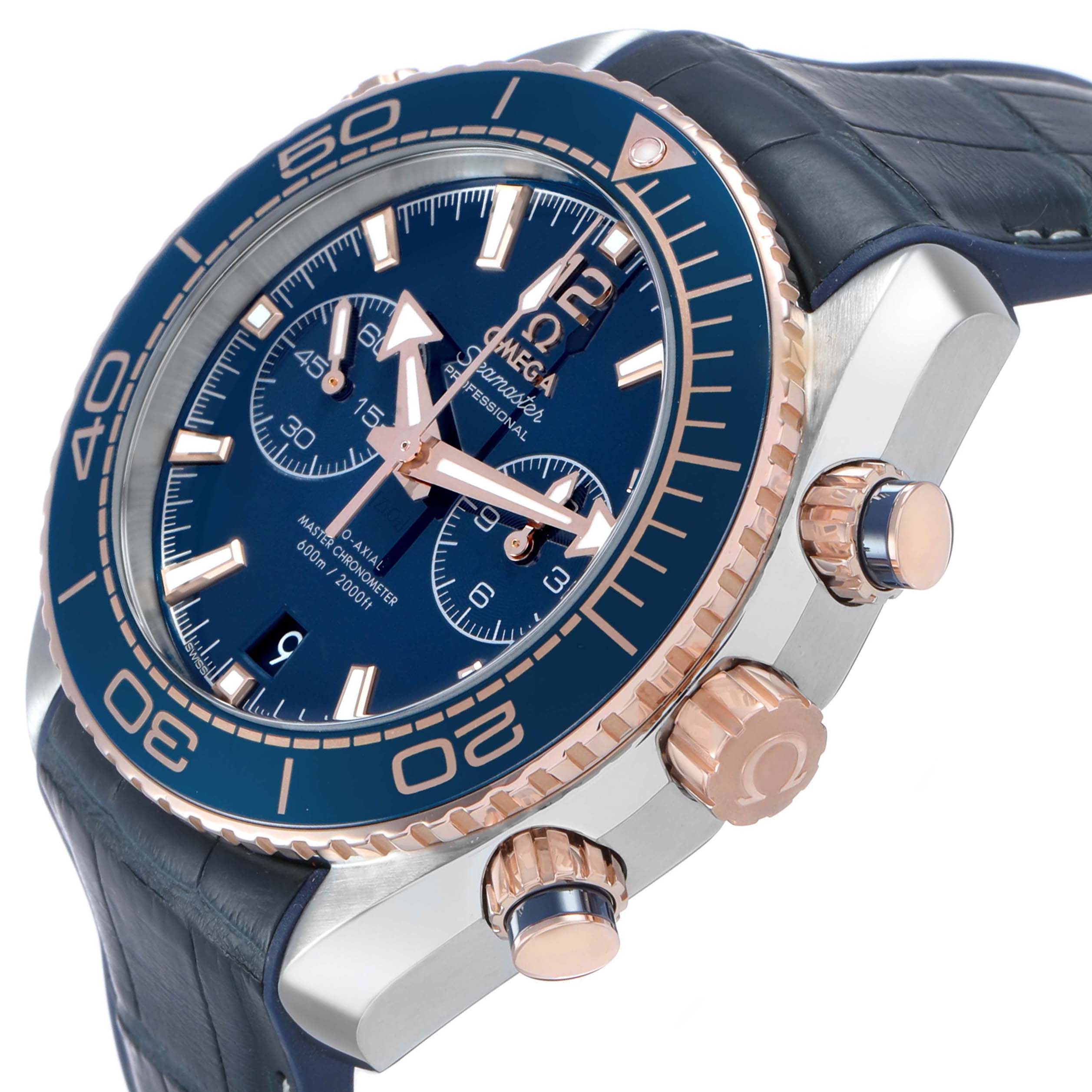 The Omega Planet Ocean 215.23.46.51.03.001 Men's Steel and Gold (two tone) Blue Dial watch is shown at an angle highlighting the dial, bezel, crown, and pushers.