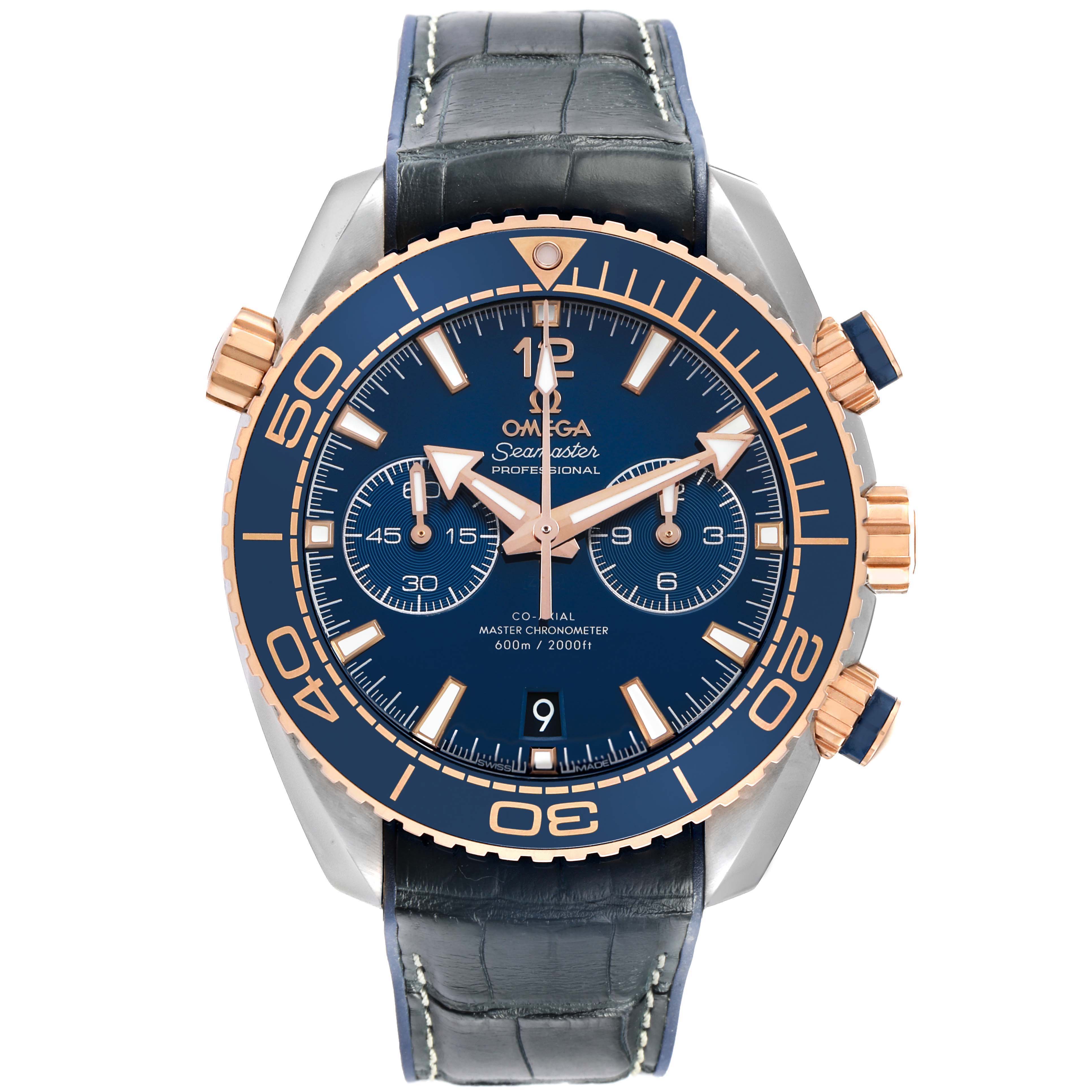 The Omega Planet Ocean 215.23.46.51.03.001 Men's Steel and Gold (two tone) Blue Dial watch is shown from the front, displaying the face, bezel, and strap.