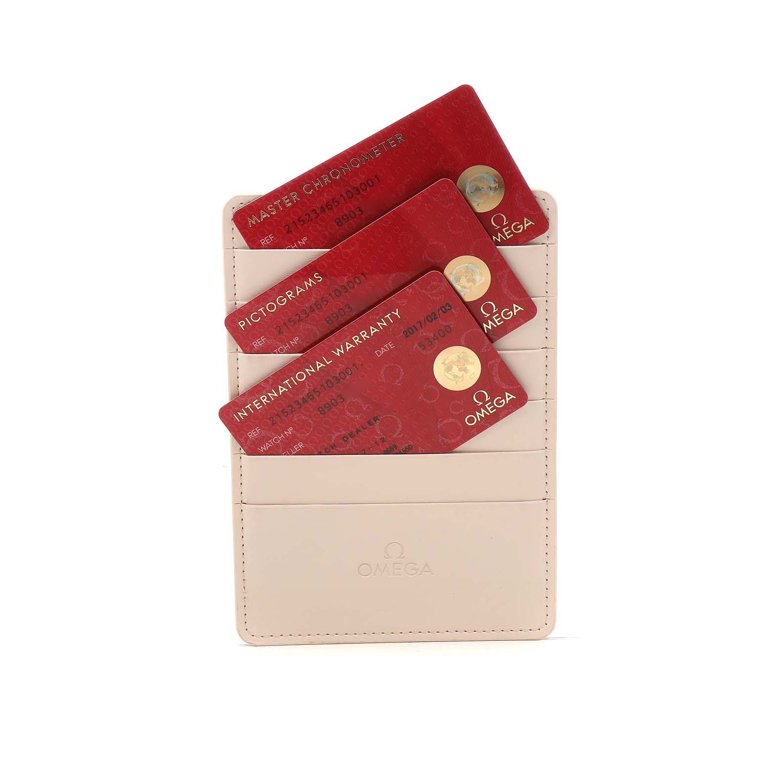 The image shows red cards for the Omega Planet Ocean 215.23.46.51.03.001 Men's Steel and Gold (two tone) Blue Dial in a beige cardholder, including warranty and chronometer certification.