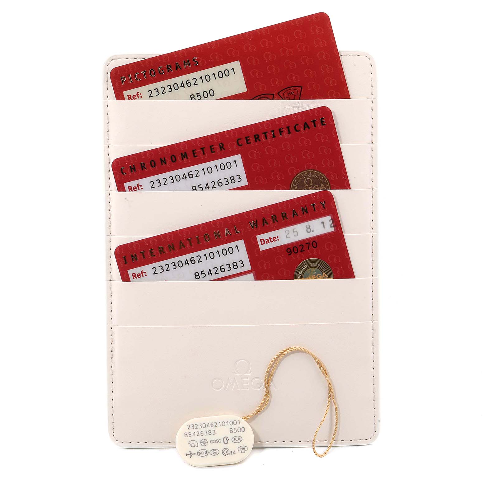 The image shows Omega Seamaster 232.30.46.21.01.001 Men
s Stainless Steel Black Dial 232.30.46.21.01.001 Men
s Stainless Steel Black Dial model documentation including pictograms, chronometer certificate, and international warranty cards in a holder.