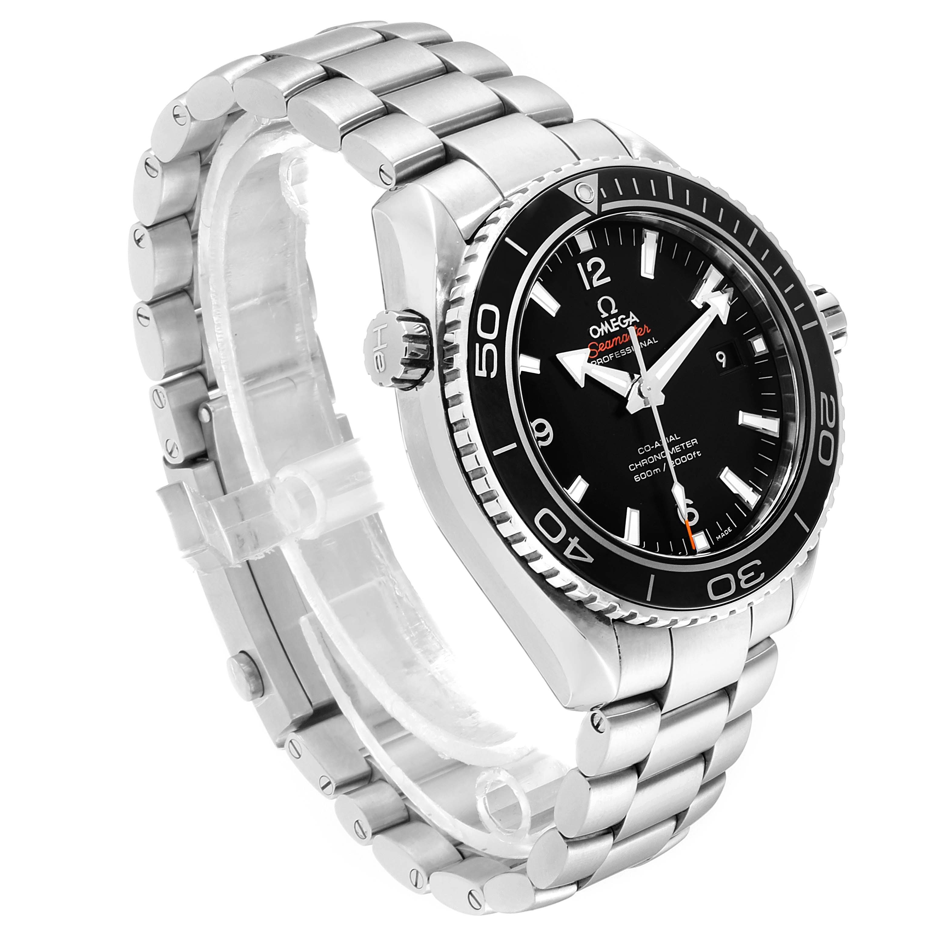 The Omega Seamaster 232.30.46.21.01.001 Men
s Stainless Steel Black Dial 232.30.46.21.01.001 Men
s Stainless Steel Black Dial watch is shown at a three-quarter side angle, highlighting the bracelet, bezel, and dial.