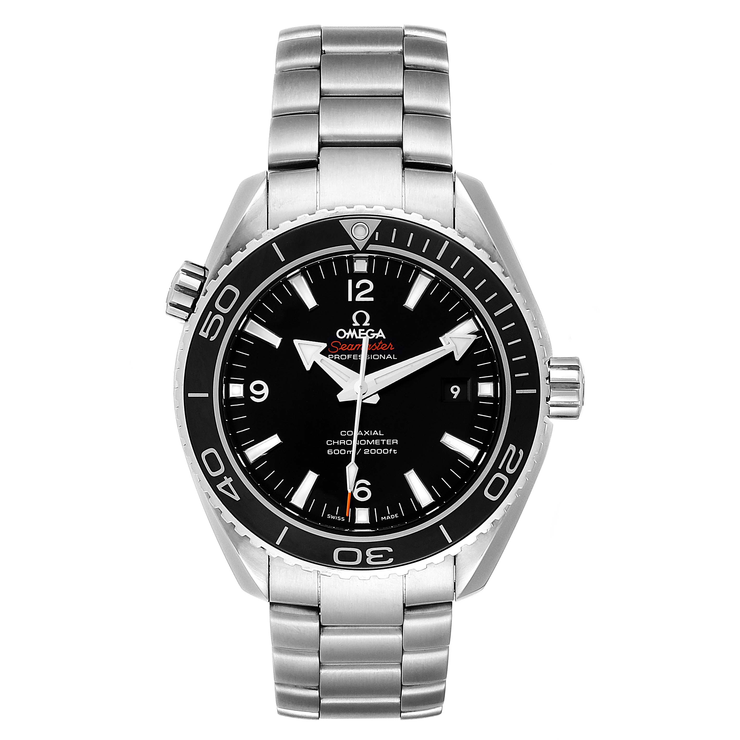 The image shows a front view of the Omega Seamaster 232.30.46.21.01.001 Men
s Stainless Steel Black Dial 232.30.46.21.01.001 Men
s Stainless Steel Black Dial watch, highlighting the black dial, bezel, and stainless steel bracelet.