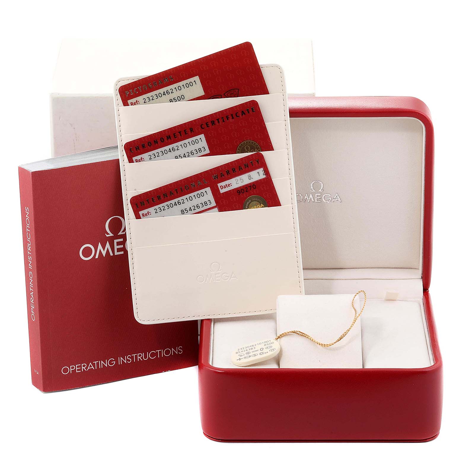 The image shows an Omega Seamaster 232.30.46.21.01.001 Men
s Stainless Steel Black Dial 232.30.46.21.01.001 Men
s Stainless Steel Black Dial model watch box, operating instructions booklet, warranty cards, and a tag.