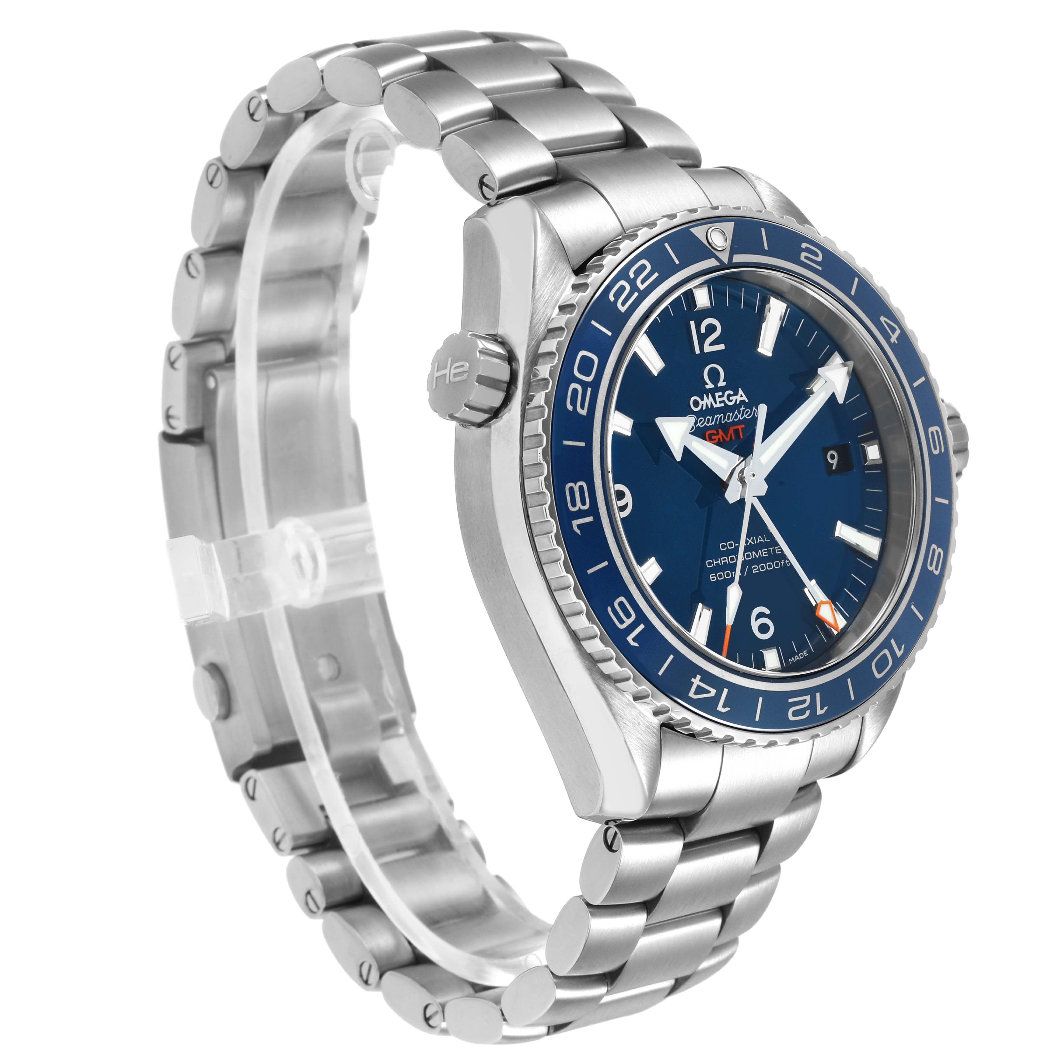 The Omega Planet Ocean 232.90.44.22.03.001 Men's Titanium Blue Dial watch is shown at a three-quarter angle, highlighting the face, bezel, and metal bracelet.