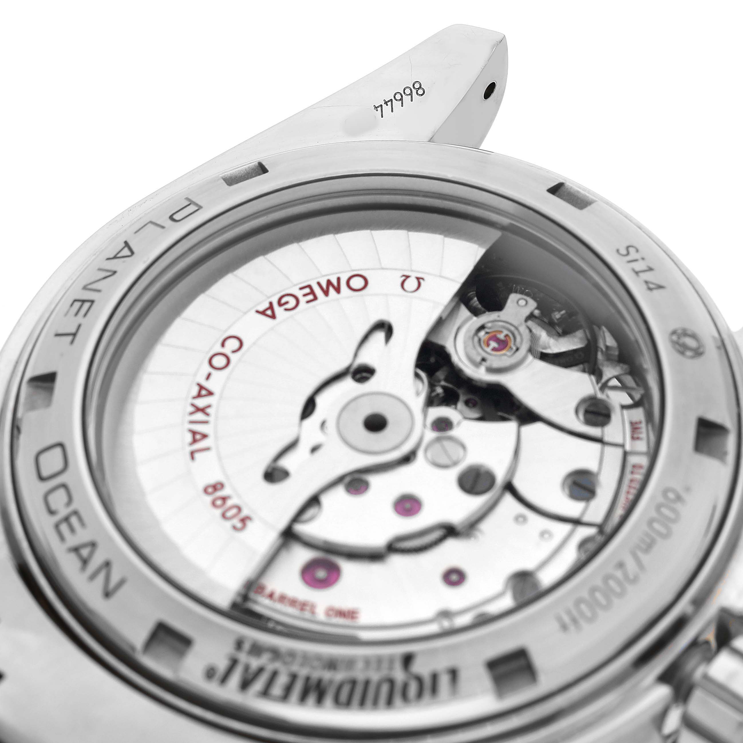 The image shows the back of an Omega Planet Ocean 232.90.44.22.03.001 Men's Titanium Blue Dial watch, highlighting its movement and inner mechanisms.