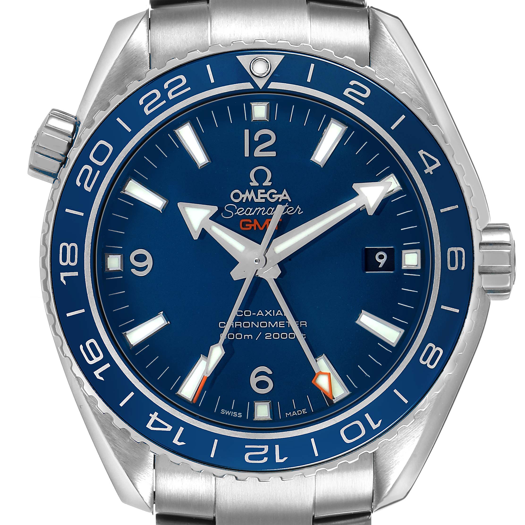 The Omega Planet Ocean 232.90.44.22.03.001 Men's Titanium Blue Dial watch is shown from the front, displaying its blue dial and bezel, with visible crown and bracelet parts.