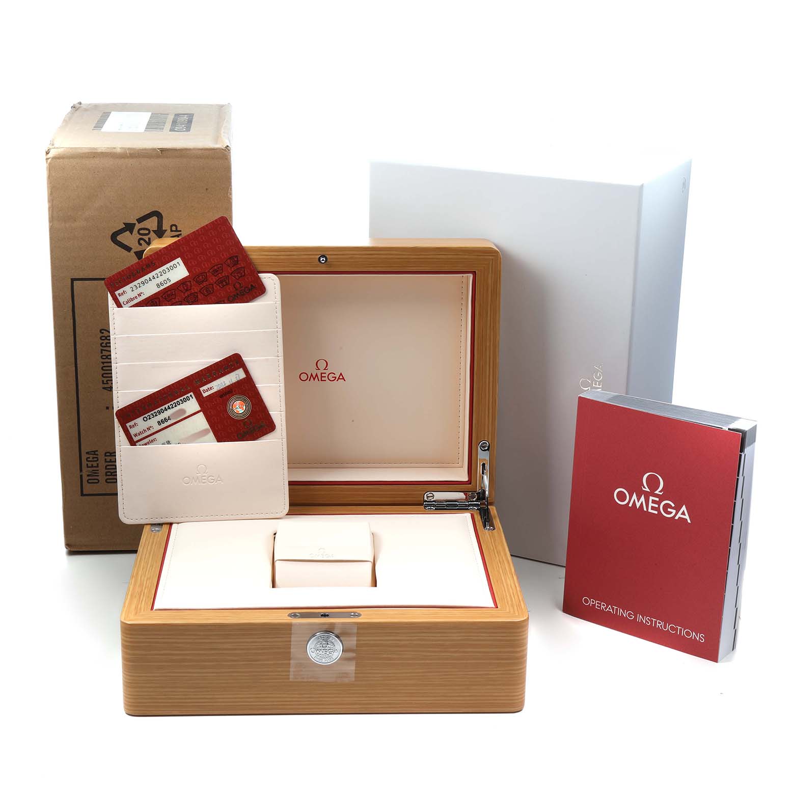 The image shows the packaging and accessories for the Omega Planet Ocean 232.90.44.22.03.001 Men's Titanium Blue Dial, including the box, cards, and manual.