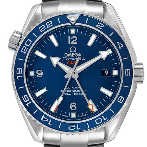 The Omega Planet Ocean 232.90.44.22.03.001 Men's Titanium Blue Dial watch is shown from the front, highlighting the dial, hands, bezel, and part of the bracelet.