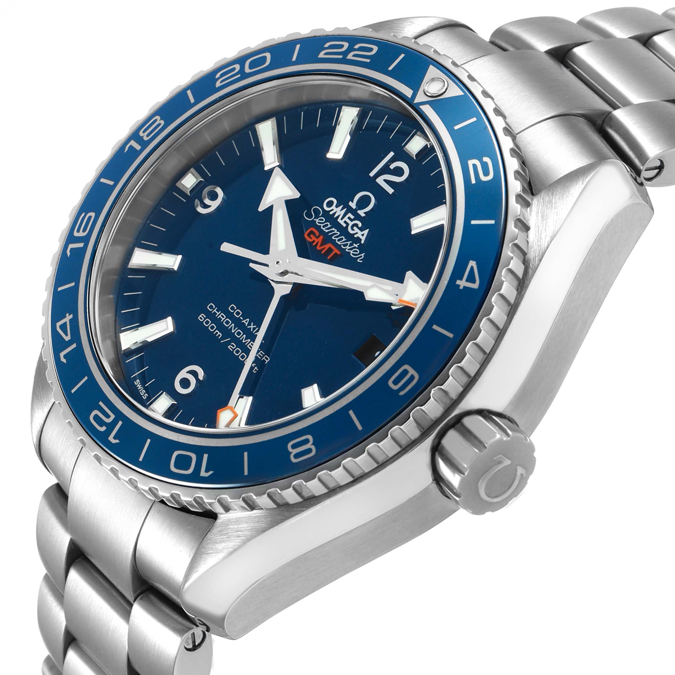 The Omega Planet Ocean 232.90.44.22.03.001 Men's Titanium Blue Dial watch is shown at a three-quarter angle, highlighting its blue dial, bezel, and stainless steel bracelet.