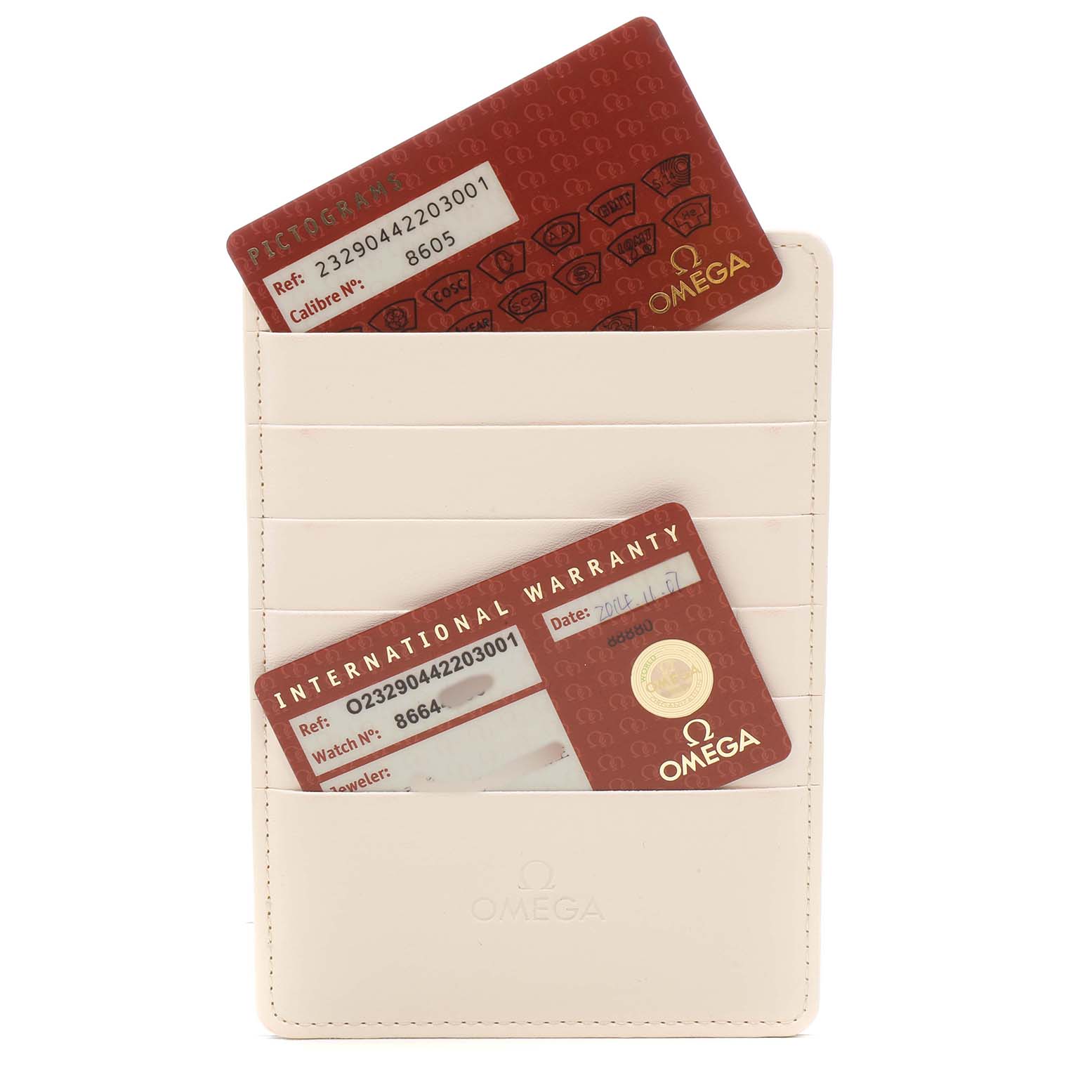The image shows warranty cards for the Omega Planet Ocean 232.90.44.22.03.001 Men's Titanium Blue Dial model in a beige cardholder, viewed from above.