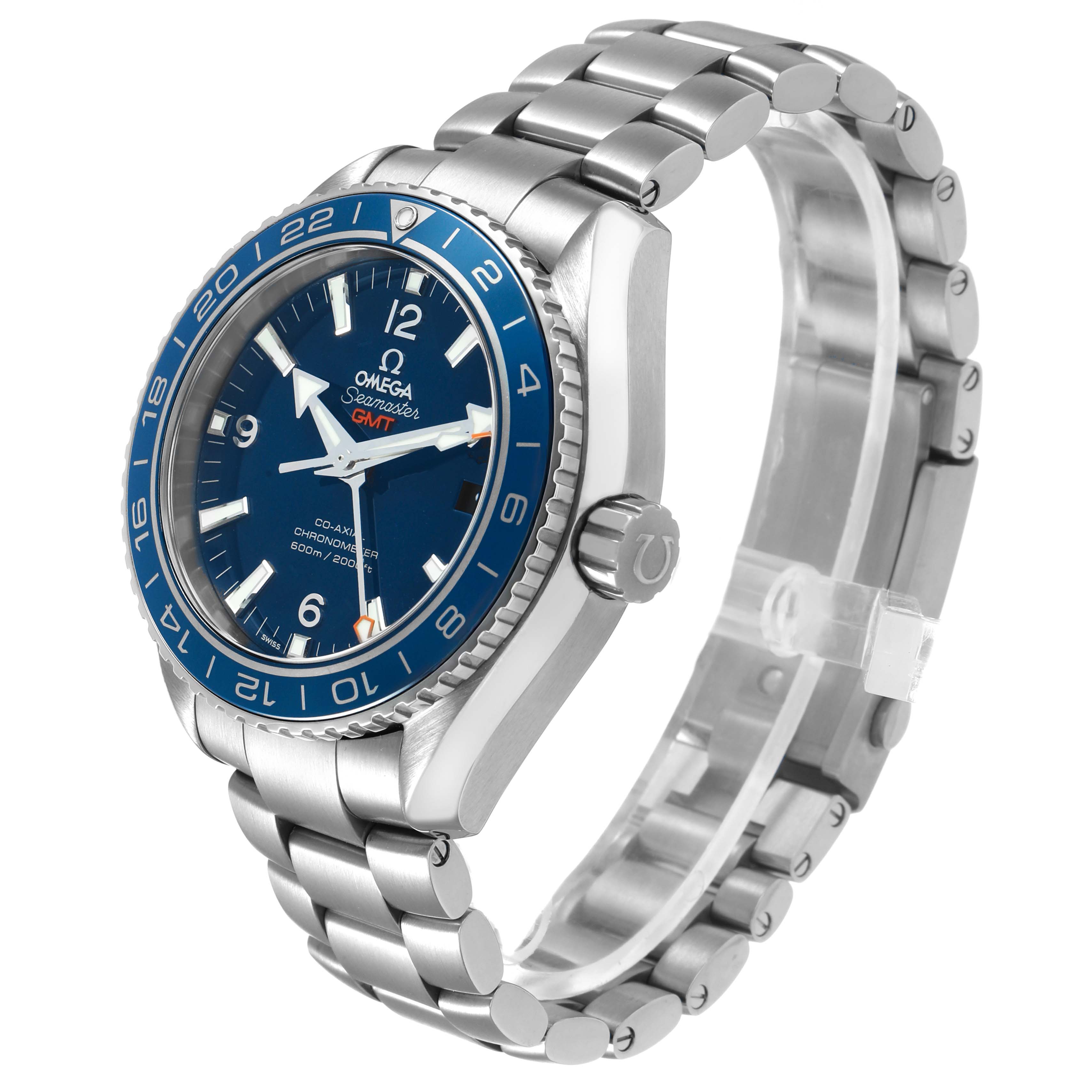 The Omega Planet Ocean 232.90.44.22.03.001 Men's Titanium Blue Dial watch is shown at a three-quarter angle, highlighting the dial, bezel, and bracelet.