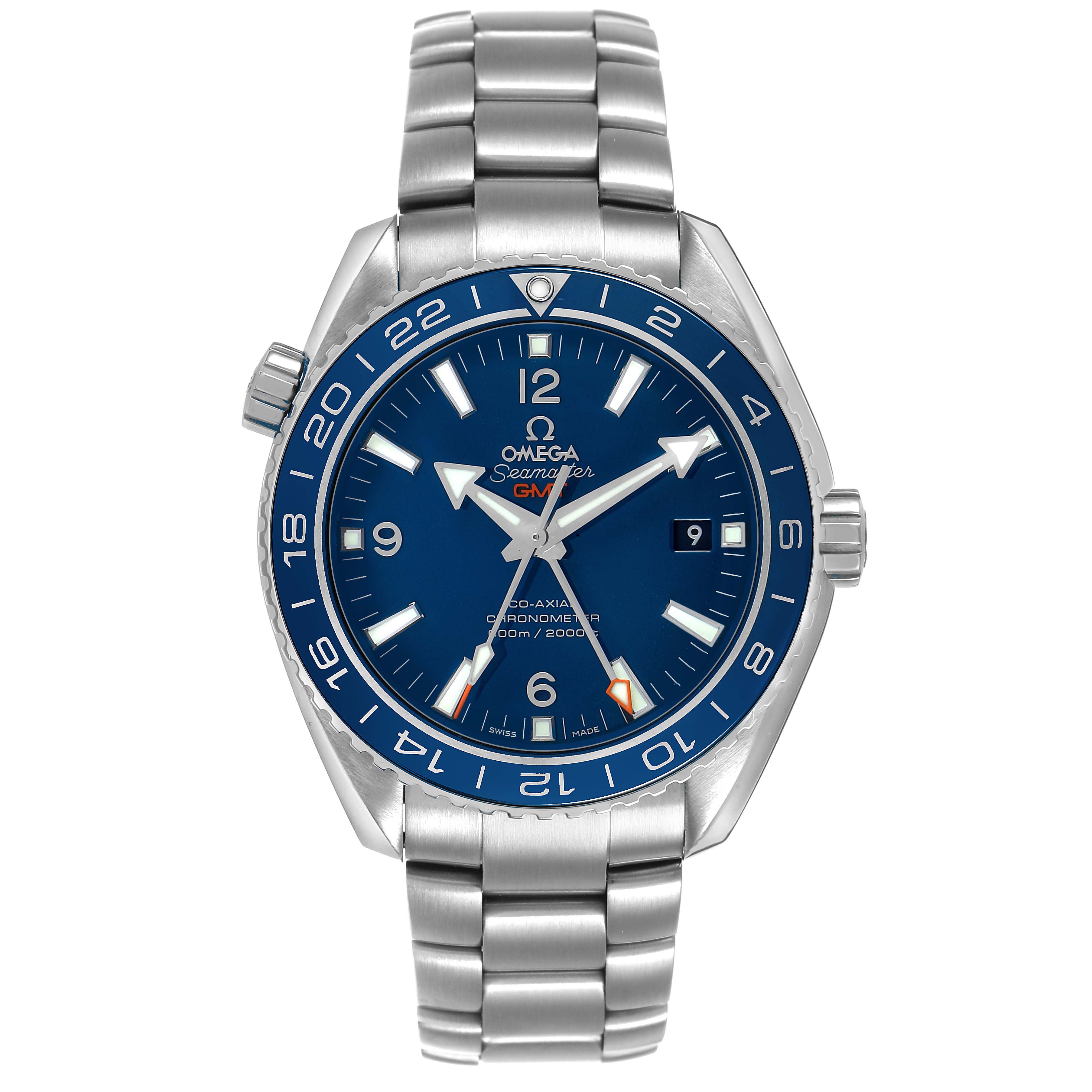 The Omega Planet Ocean 232.90.44.22.03.001 Men's Titanium Blue Dial watch is shown from the front, displaying its dial, hands, bezel, and metal bracelet.
