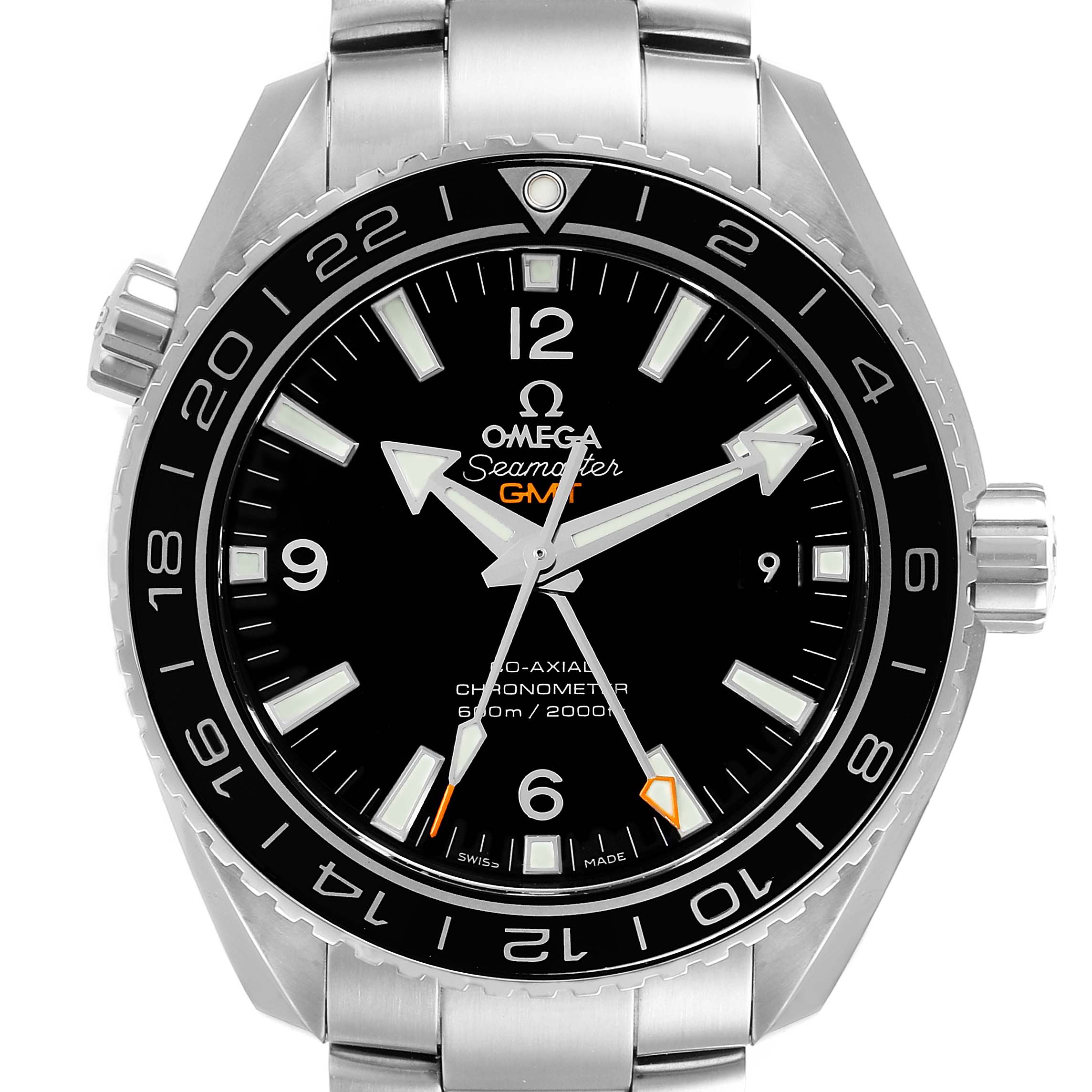 The image shows a front view of the Omega Planet Ocean 232.30.44.22.01.001 Men
s Stainless Steel Black Dial 232.30.44.22.01.001 Men
s Stainless Steel Black Dial Seamaster GMT watch, highlighting the dial, bezel, crown, and bracelet.