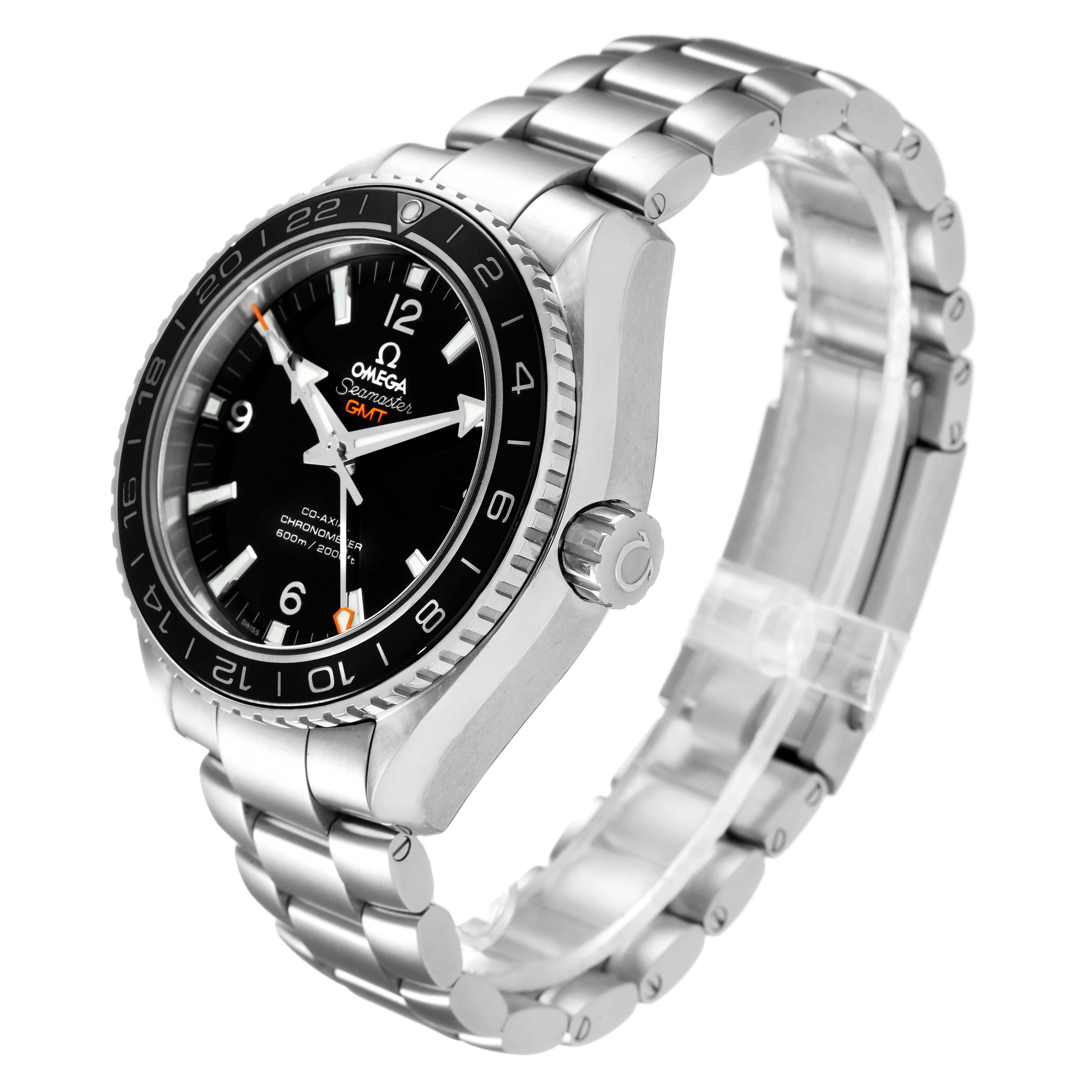 The image shows the Omega Seamaster Planet Ocean GMT watch from a three-quarter angle, highlighting the face, bezel, crown, and bracelet.
