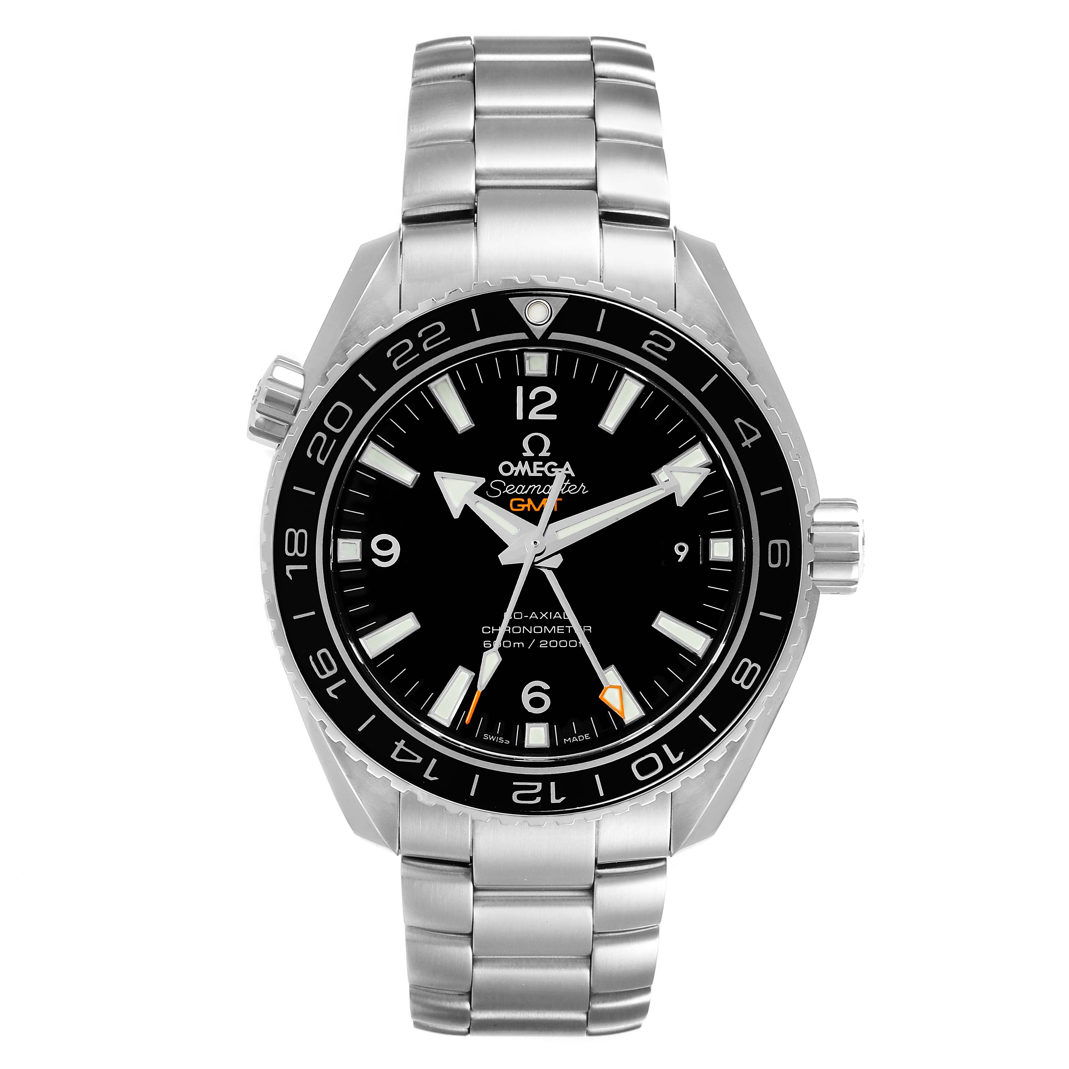 The Omega Planet Ocean 232.30.44.22.01.001 Men
s Stainless Steel Black Dial 232.30.44.22.01.001 Men
s Stainless Steel Black Dial watch is shown from a front angle, displaying its face and stainless steel bracelet.
