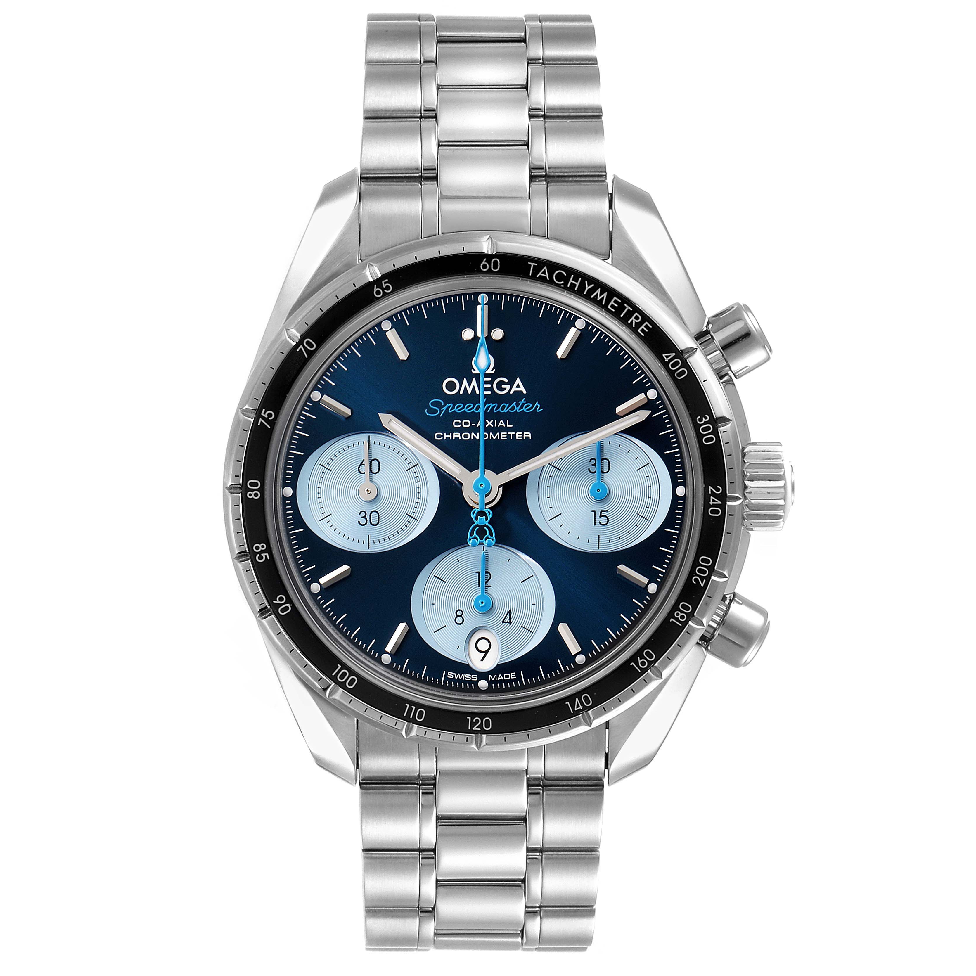 The image shows an Omega Speedmaster 324.30.38.50.03.002 Men
s Stainless Steel Blue Dial 324.30.38.50.03.002 Men
s Stainless Steel Blue Dial watch, viewed from the front, displaying the dial, bezel, and stainless steel bracelet.