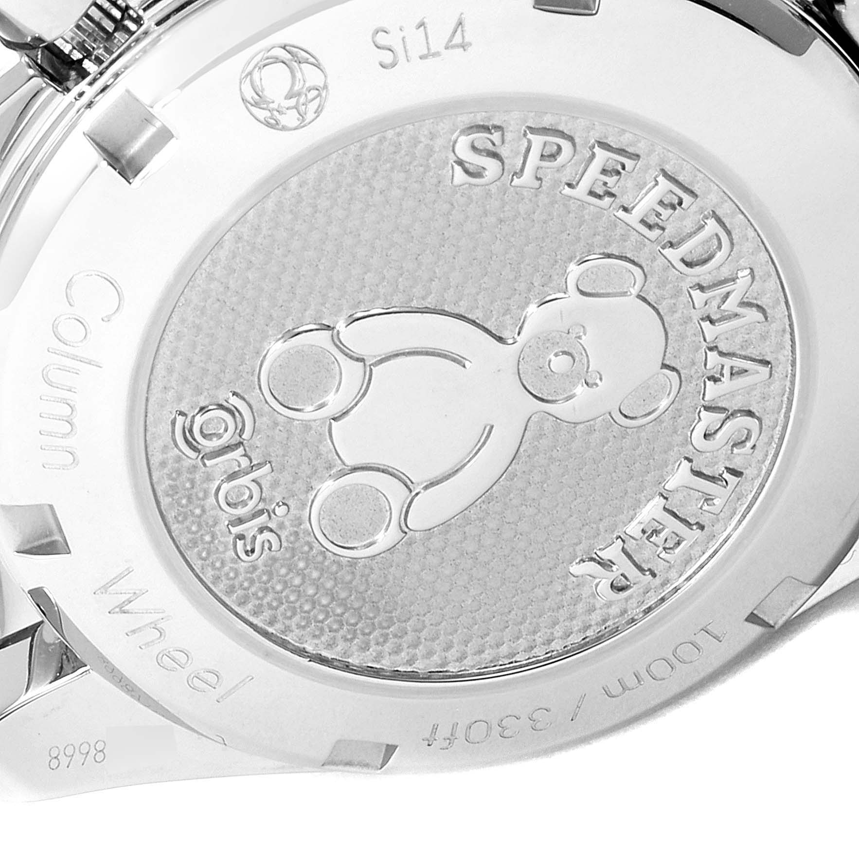 The image shows the engraved case back of an Omega Speedmaster 324.30.38.50.03.002 Men
s Stainless Steel Blue Dial 324.30.38.50.03.002 Men
s Stainless Steel Blue Dial watch, featuring the brand logo and a teddy bear design.