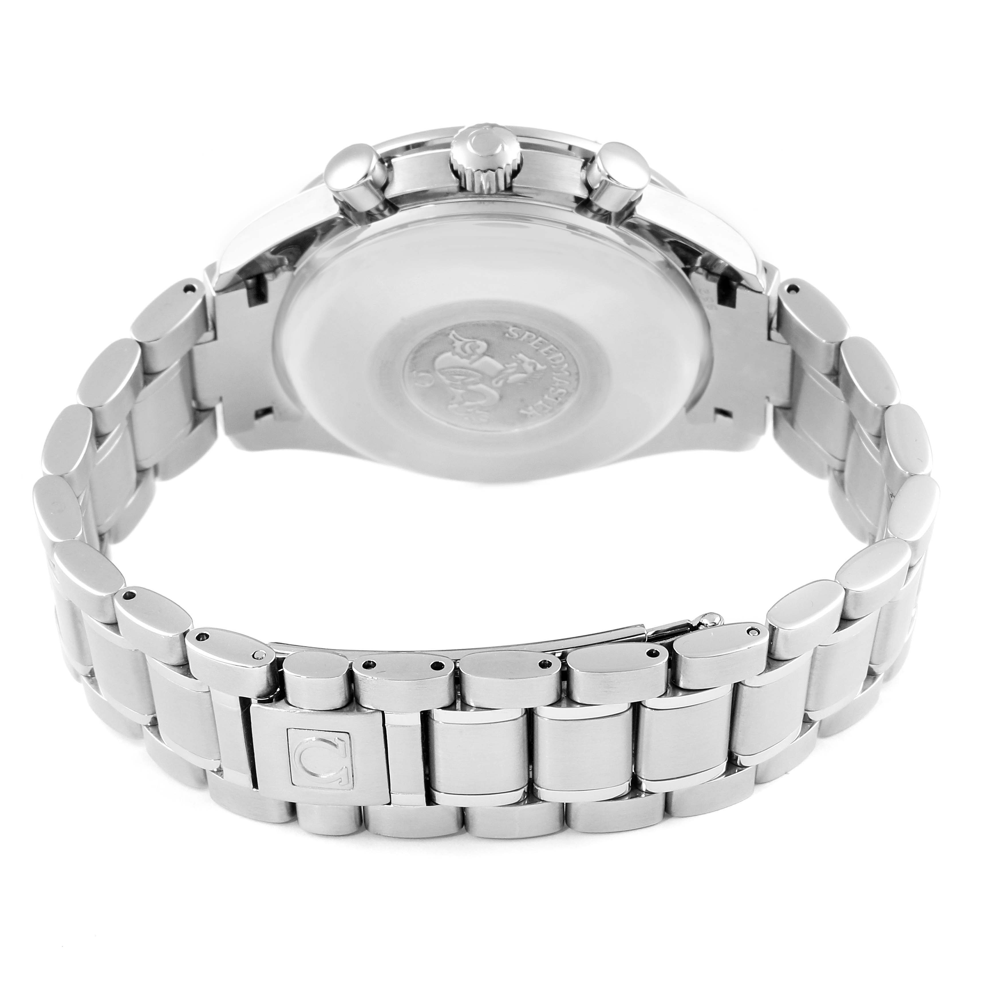 This image shows the back view of the Omega Speedmaster 3520.50.00 Men
s Stainless Steel Black Dial 3520.50.00 Men
s Stainless Steel Black Dial watch, focusing on the case back and stainless steel bracelet.