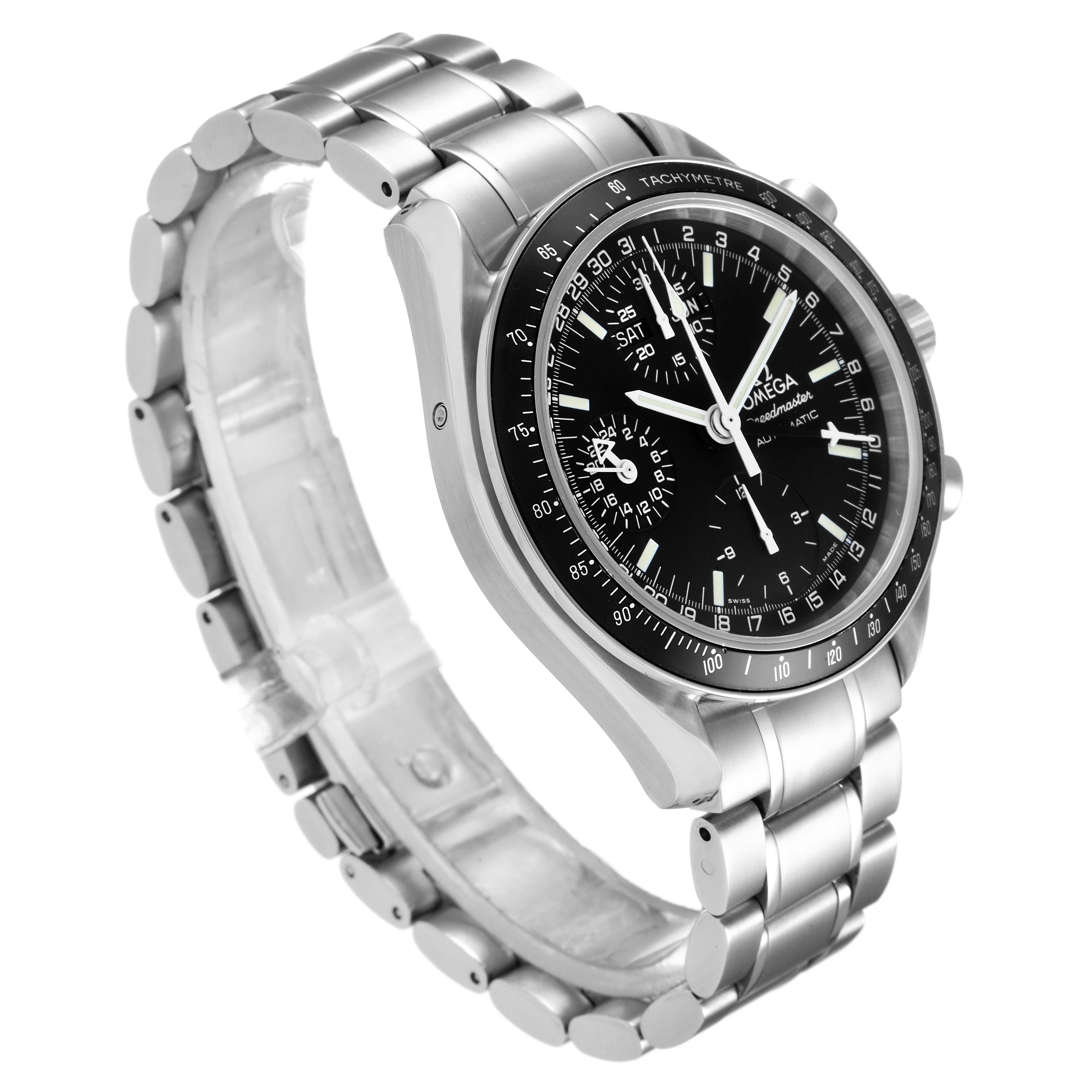 The image shows an Omega Speedmaster 3520.50.00 Men
s Stainless Steel Black Dial 3520.50.00 Men
s Stainless Steel Black Dial watch angled slightly to the right, highlighting its stainless steel bracelet, black dial, and tachymeter.