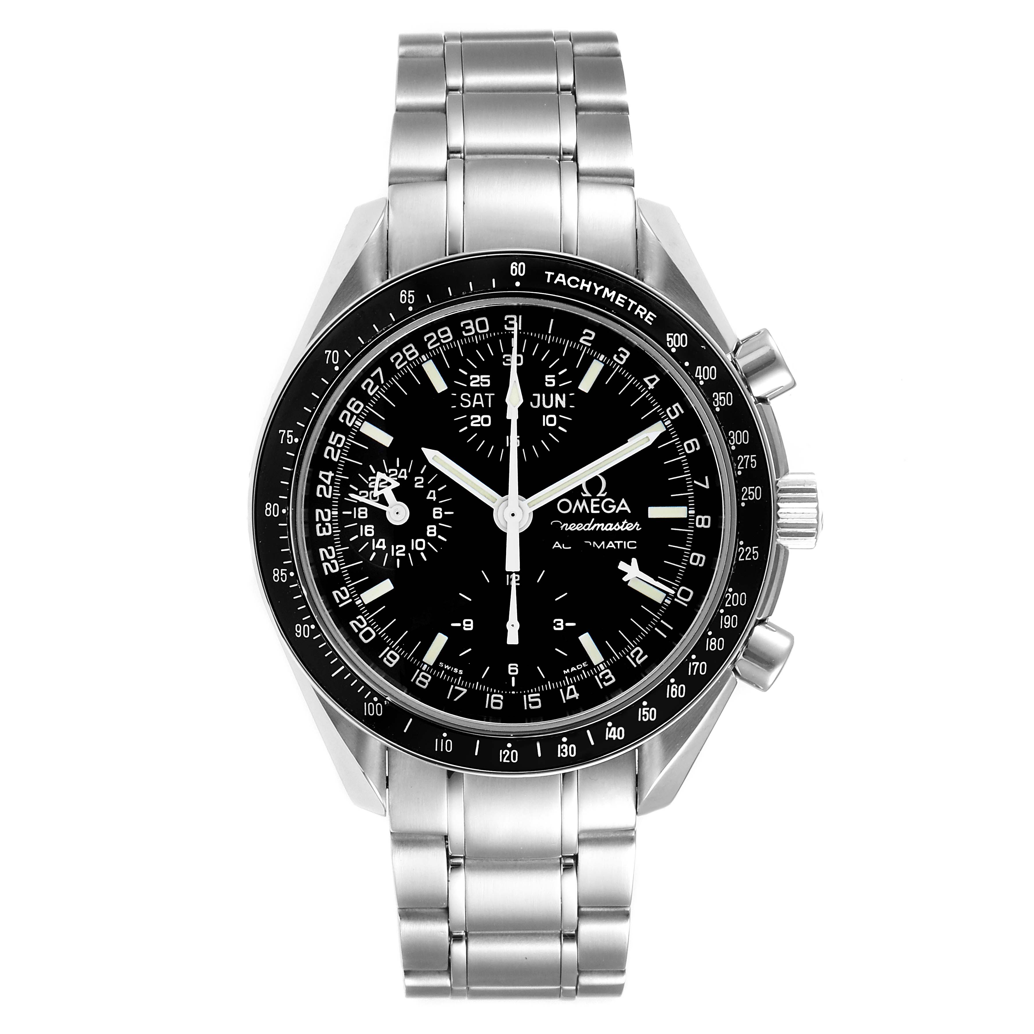 The image shows a front view of the Omega Speedmaster 3520.50.00 Men
s Stainless Steel Black Dial 3520.50.00 Men
s Stainless Steel Black Dial watch, highlighting its dial, bezel, and stainless steel bracelet.