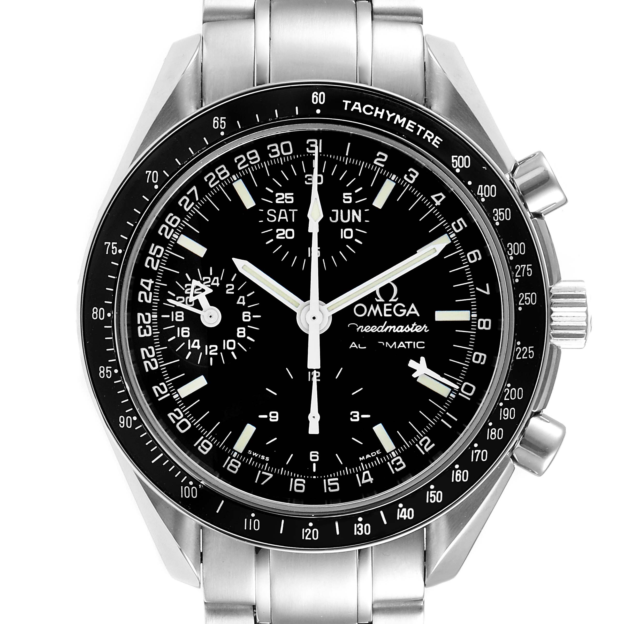The image shows a front view of an Omega Speedmaster 3520.50.00 Men
s Stainless Steel Black Dial 3520.50.00 Men
s Stainless Steel Black Dial watch, highlighting its black dial, tachymeter bezel, and subdials.