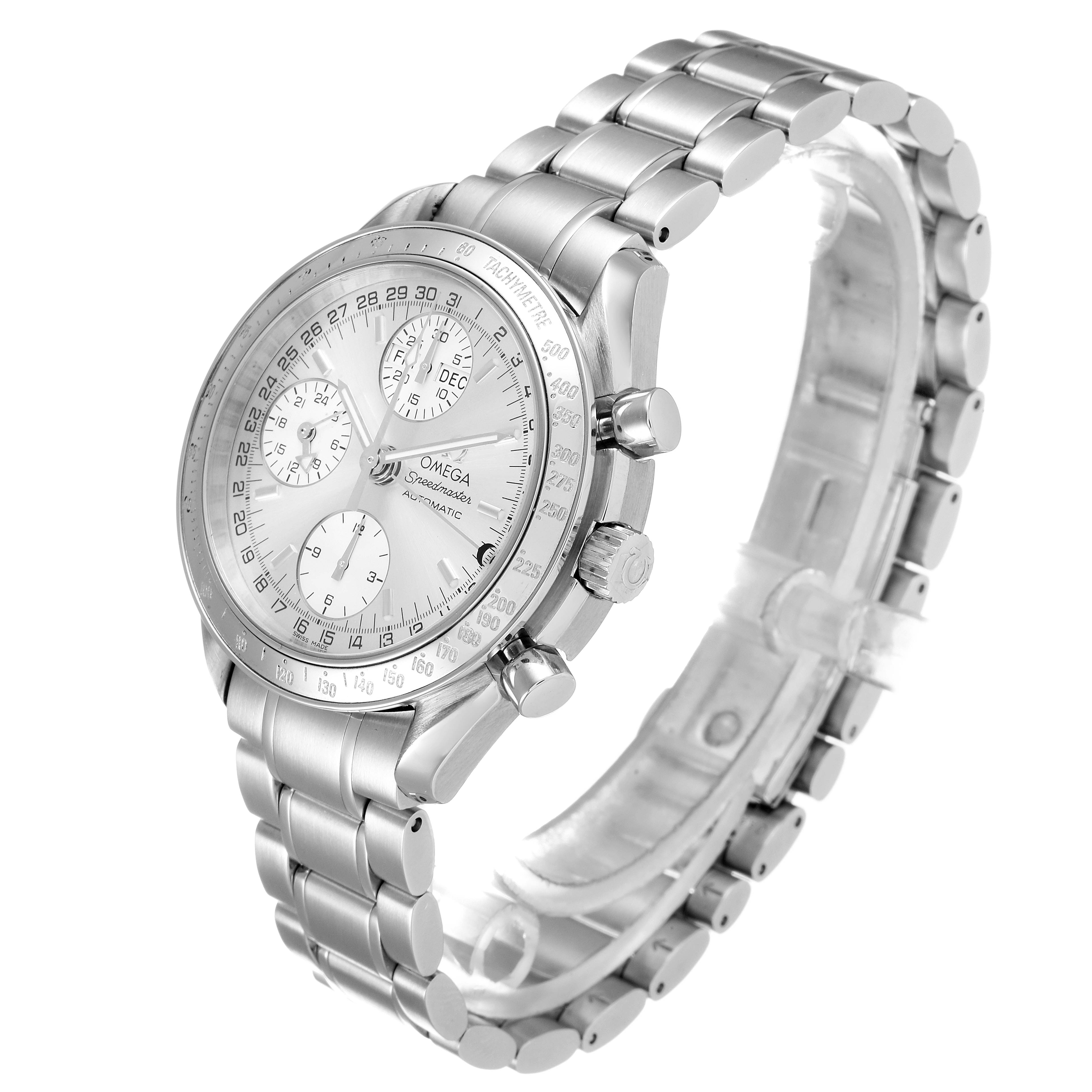 The image shows an Omega Speedmaster 3523.30.00 Men
s Stainless Steel Silver Dial 3523.30.00 Men
s Stainless Steel Silver Dial watch at a three-quarter angle, highlighting the face, bezel, crown, pushers, and bracelet.
