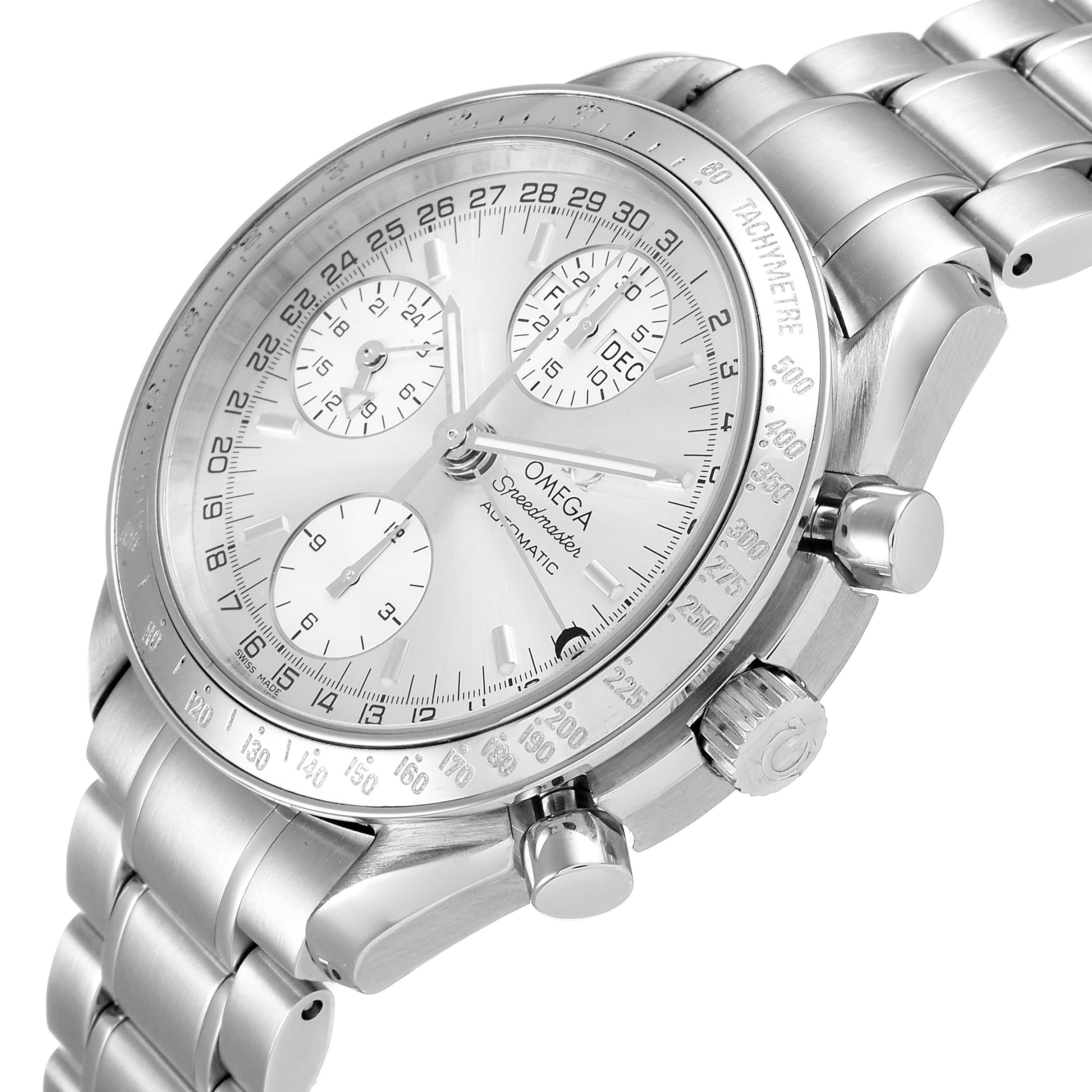 The image shows an angled view of an Omega Speedmaster 3523.30.00 Men
s Stainless Steel Silver Dial 3523.30.00 Men
s Stainless Steel Silver Dial watch highlighting the dial, tachymeter bezel, and bracelet.