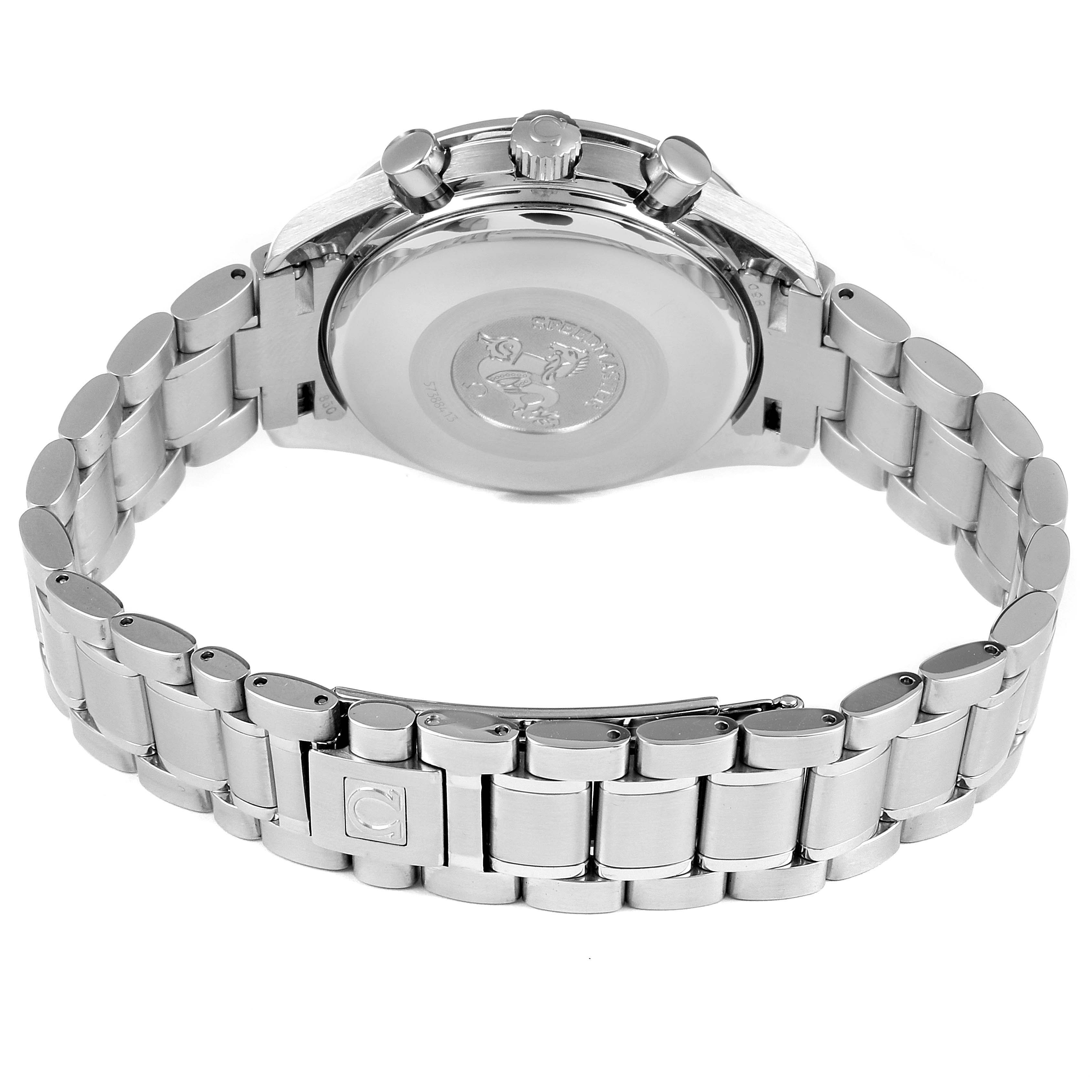 The image shows the back and partially closed clasp of an Omega Speedmaster 3523.30.00 Men
s Stainless Steel Silver Dial 3523.30.00 Men
s Stainless Steel Silver Dial watch, focusing on the case back and stainless steel bracelet.