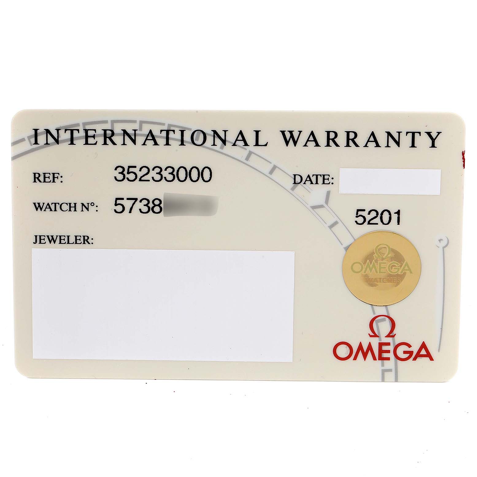 The image shows the international warranty card for the Omega Speedmaster 3523.30.00 Men
s Stainless Steel Silver Dial 3523.30.00 Men
s Stainless Steel Silver Dial watch.