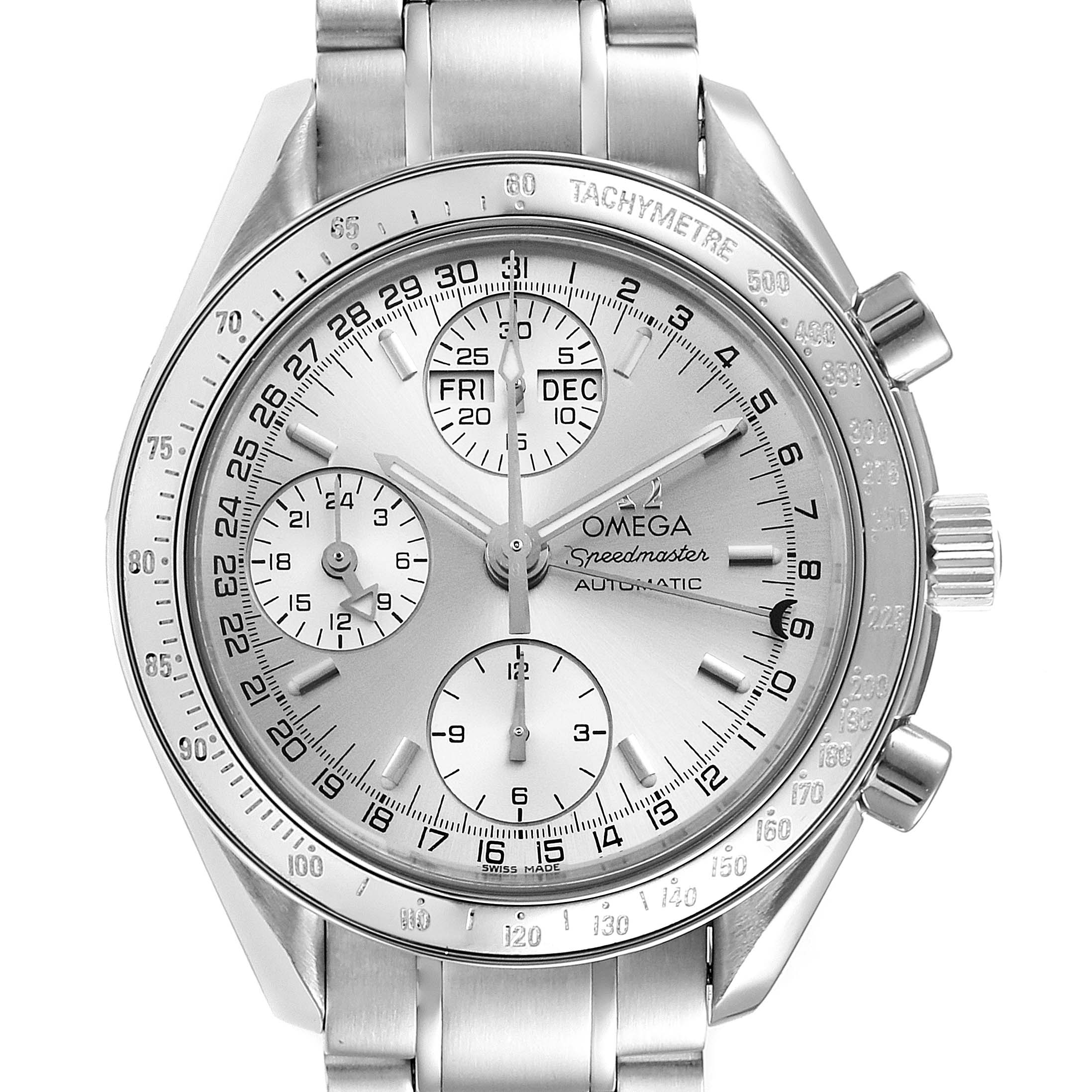 The image shows a front view of an Omega Speedmaster 3523.30.00 Men
s Stainless Steel Silver Dial 3523.30.00 Men
s Stainless Steel Silver Dial watch, highlighting the dial, subdials, and tachymeter scale.