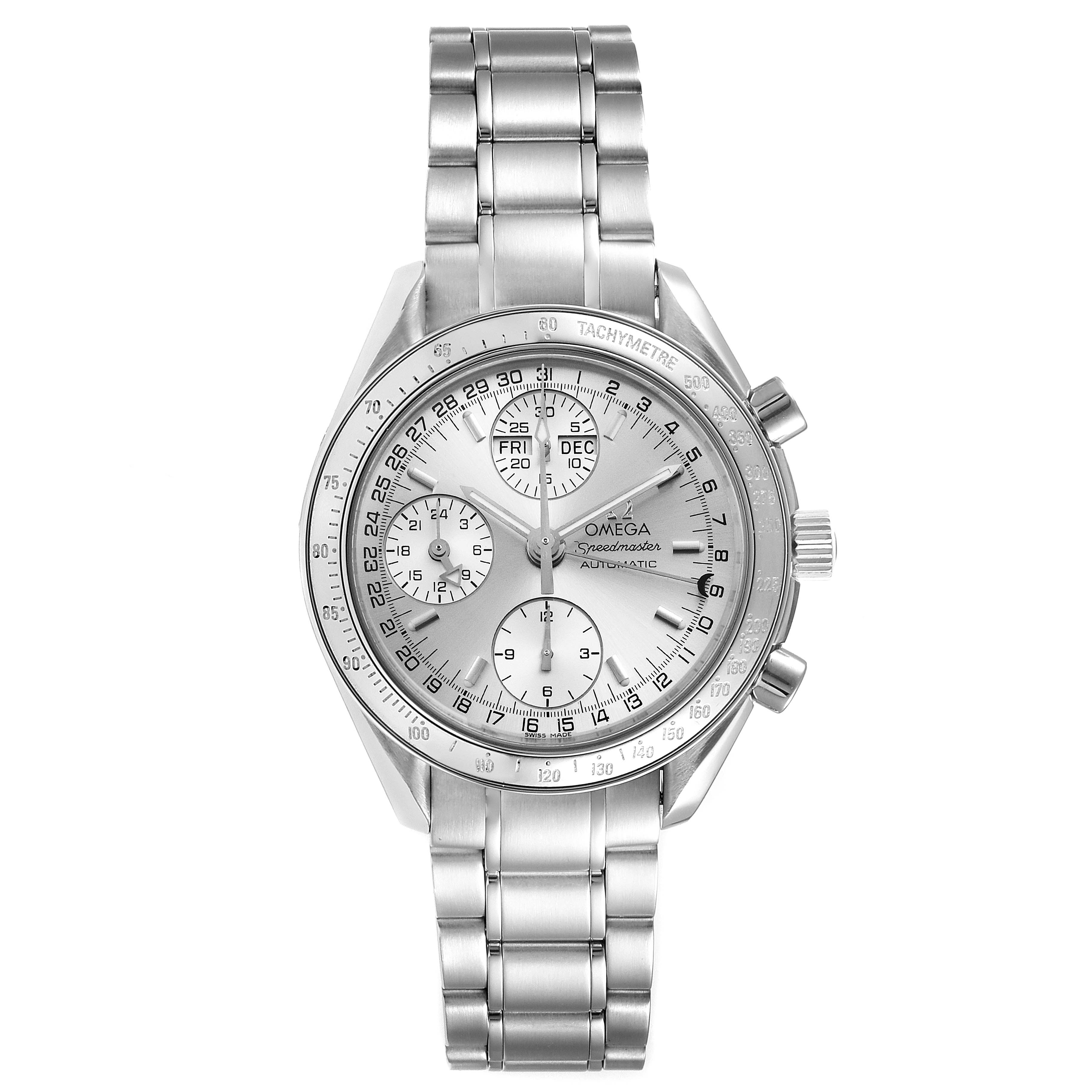 This image shows a front view of an Omega Speedmaster 3523.30.00 Men
s Stainless Steel Silver Dial 3523.30.00 Men
s Stainless Steel Silver Dial watch, displaying its face, bracelet, and pushers.
