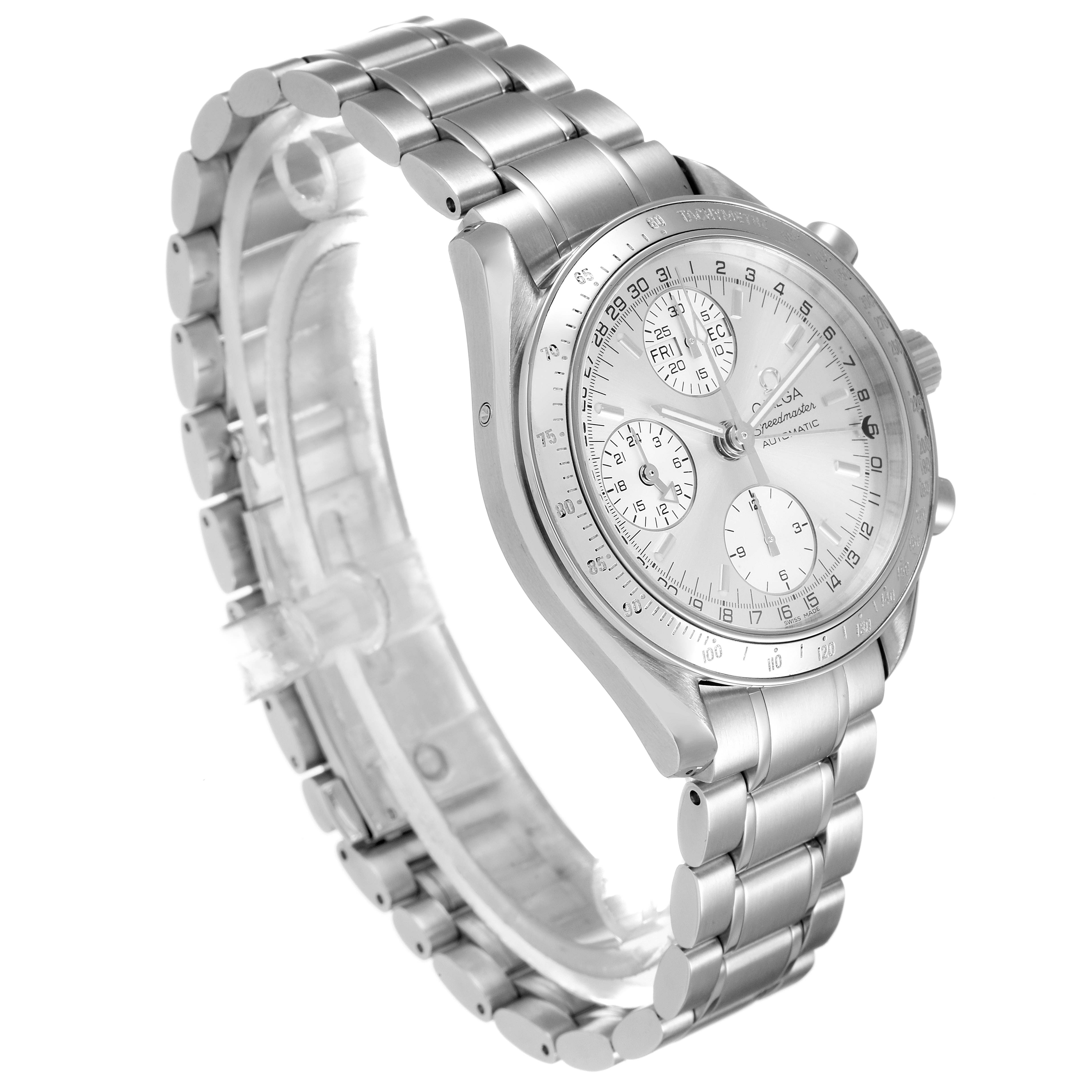 The image shows an angled view of an Omega Speedmaster 3523.30.00 Men
s Stainless Steel Silver Dial 3523.30.00 Men
s Stainless Steel Silver Dial watch, highlighting its face and metal bracelet.