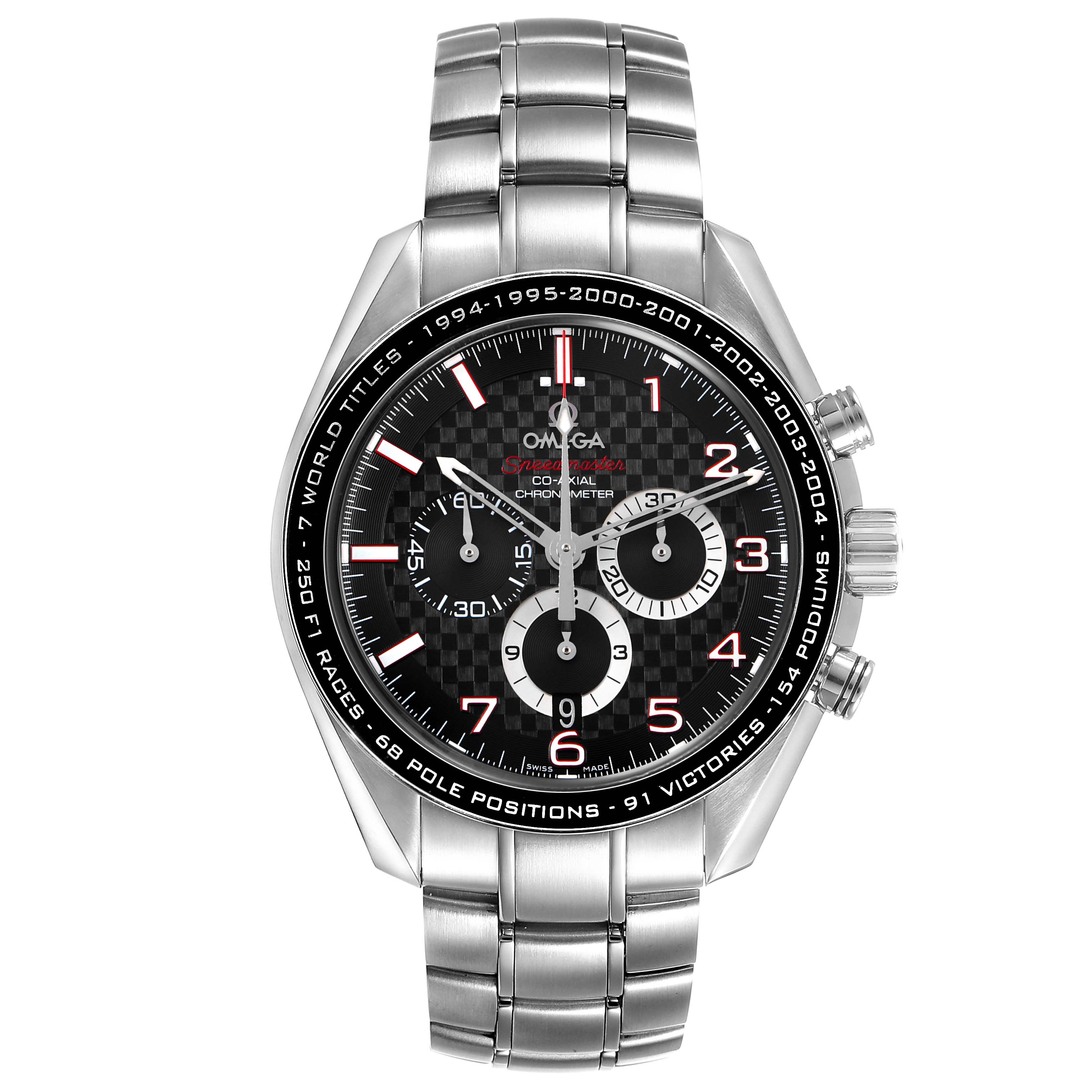 The Omega Speedmaster 321.30.44.50.01.001 Men's Stainless Steel Black Dial watch is shown from the front, displaying its face, bezel, and stainless steel bracelet.
