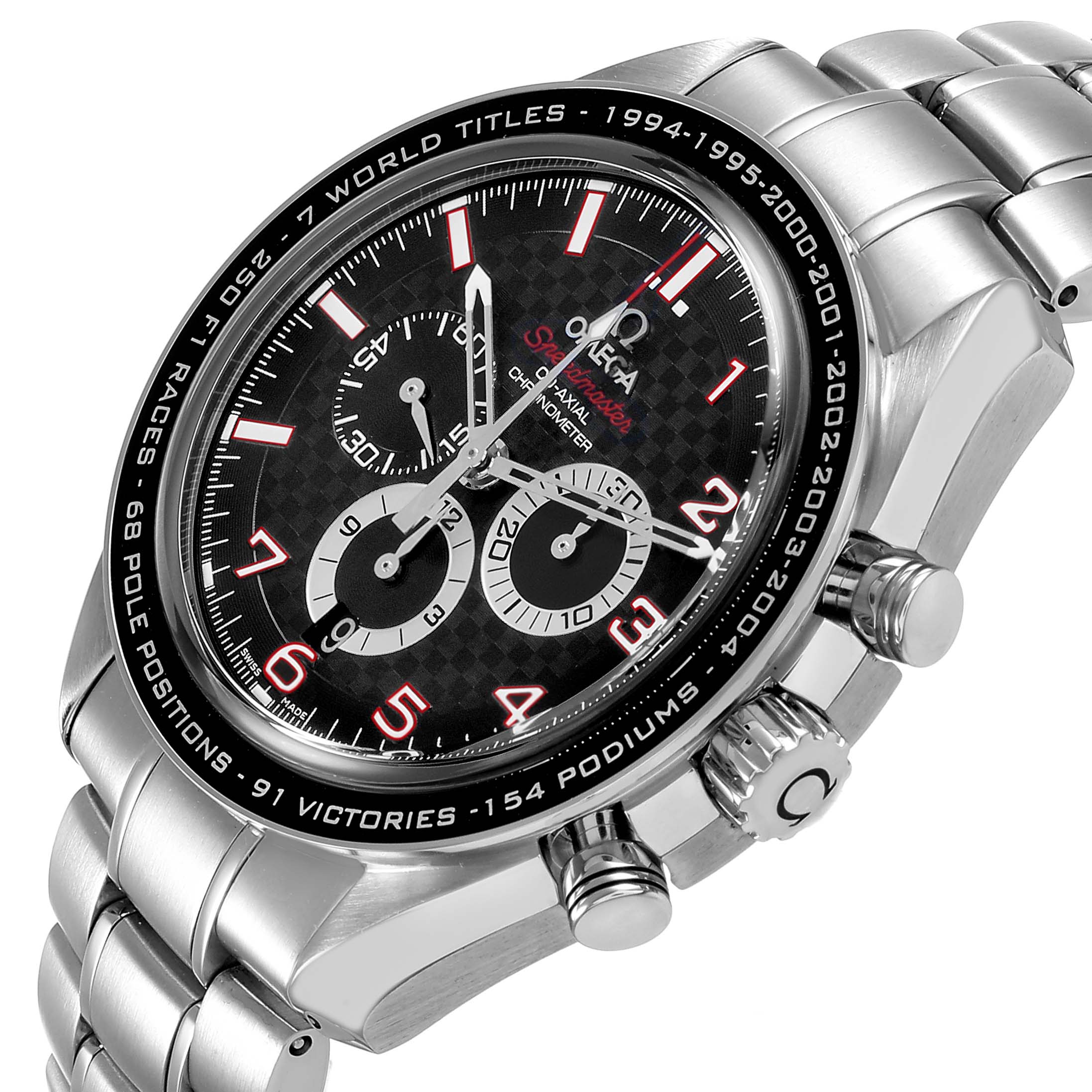 The Omega Speedmaster 321.30.44.50.01.001 Men's Stainless Steel Black Dial watch is shown at a slight angle, displaying its face, bezel, crown, and bracelet links.