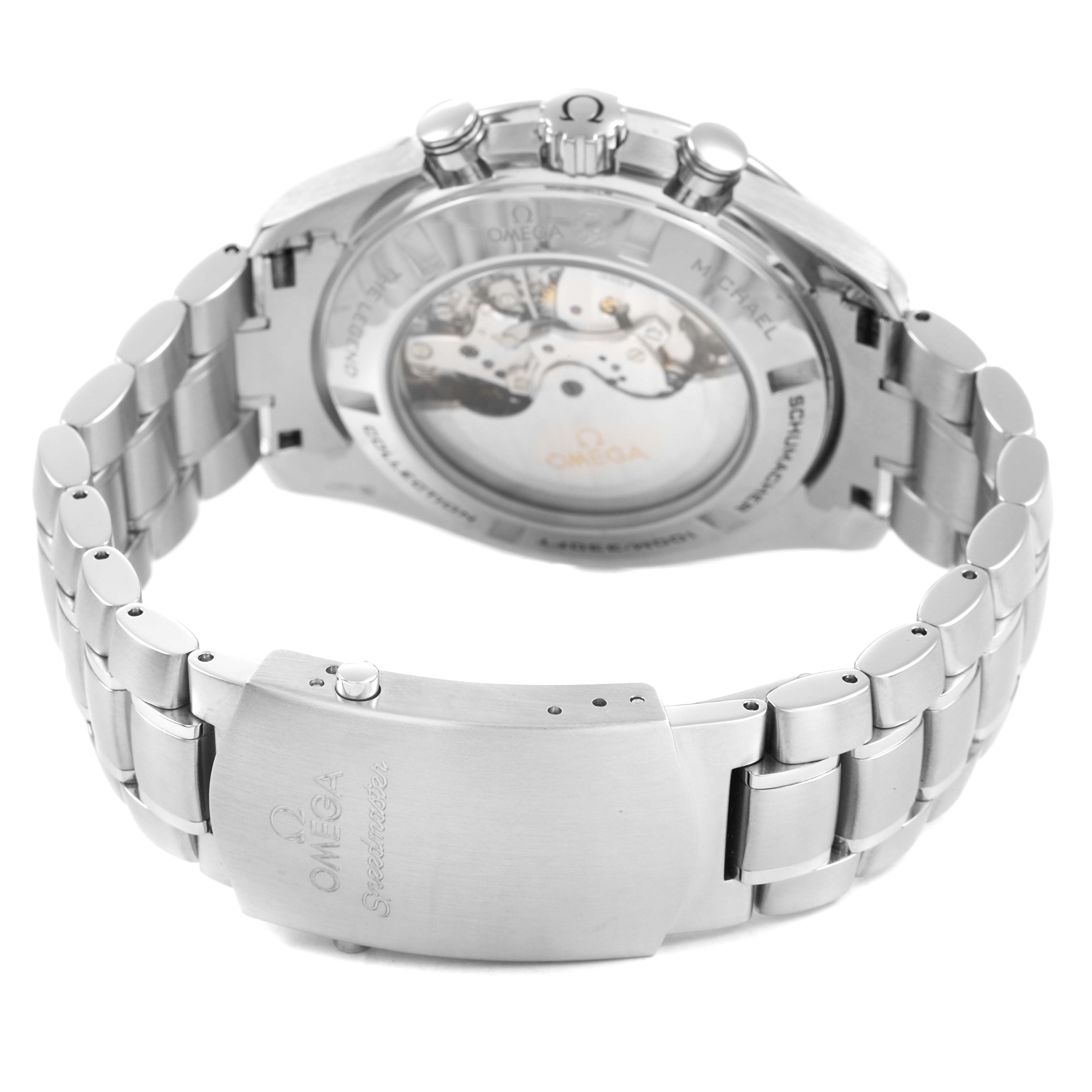The Omega Speedmaster 321.30.44.50.01.001 Men's Stainless Steel Black Dial watch is shown from the back, highlighting the bracelet, clasp, and transparent case back.