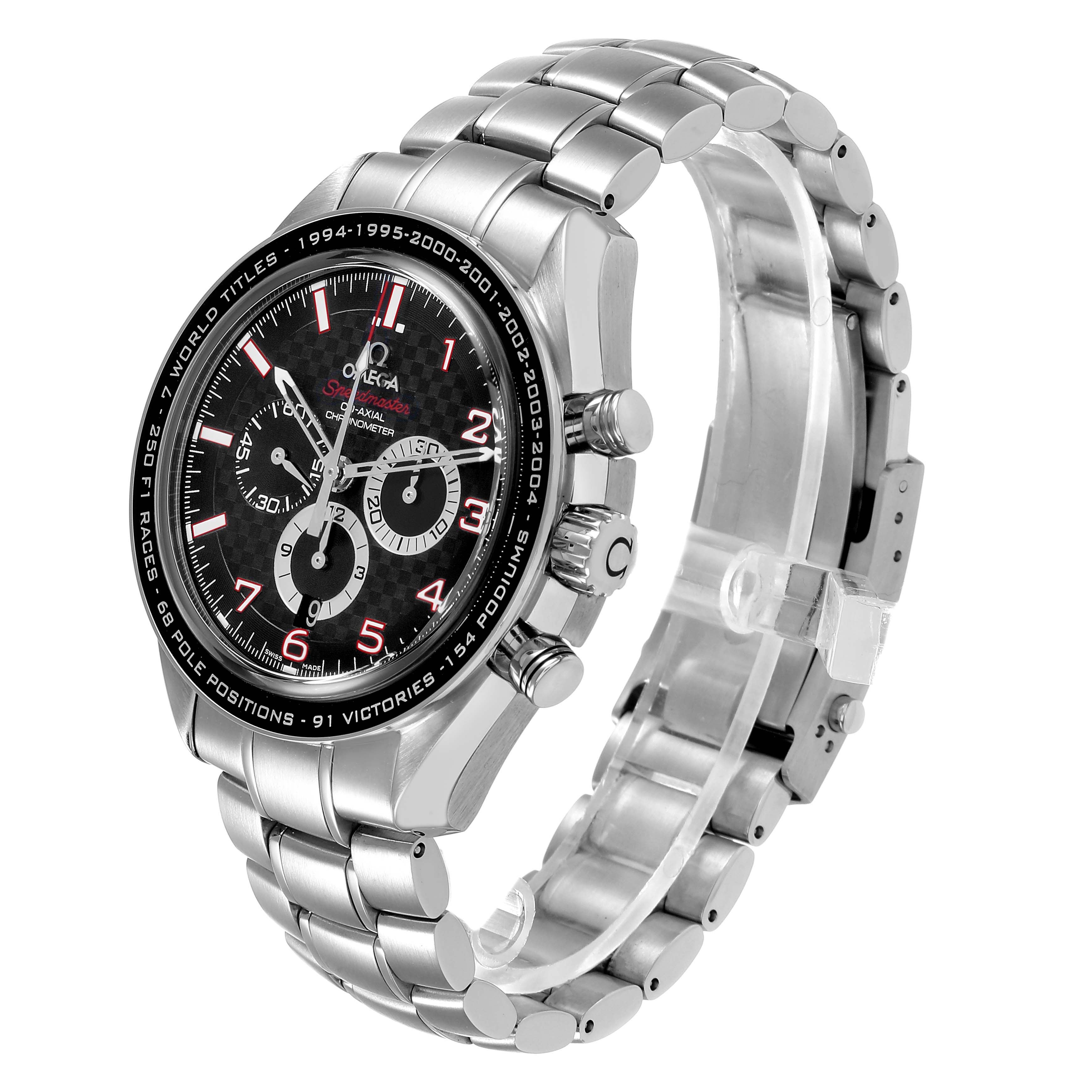 The image shows a side angle view of the Omega Speedmaster 321.30.44.50.01.001 Men's Stainless Steel Black Dial, highlighting the bracelet and dial with visible chronograph features.