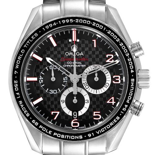 The Omega Speedmaster 321.30.44.50.01.001 Men's Stainless Steel Black Dial watch is shown from the front, highlighting the dial with subdials and the bezel.