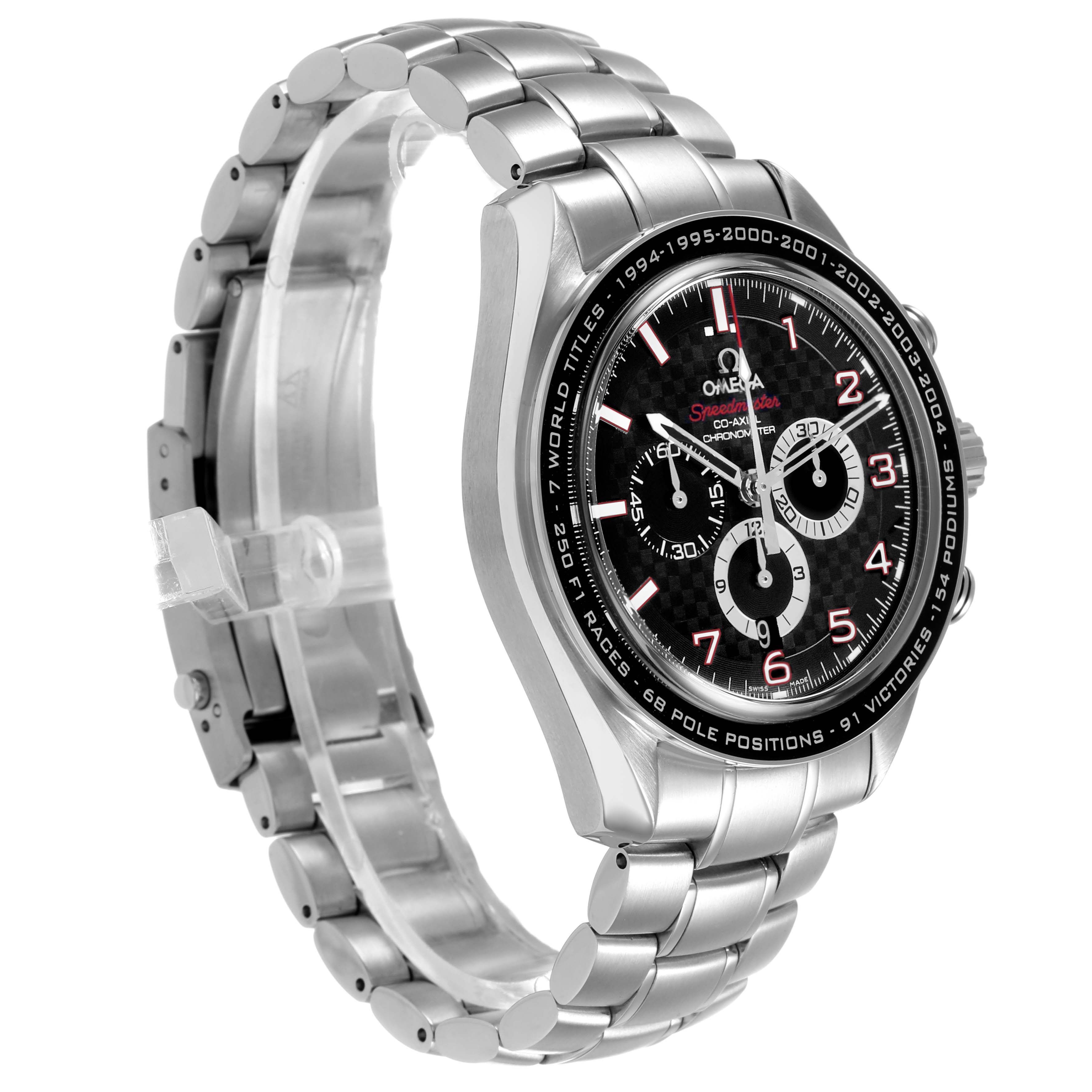 The Omega Speedmaster 321.30.44.50.01.001 Men's Stainless Steel Black Dial watch is shown at an angled side view, highlighting the bracelet, bezel, and dial.