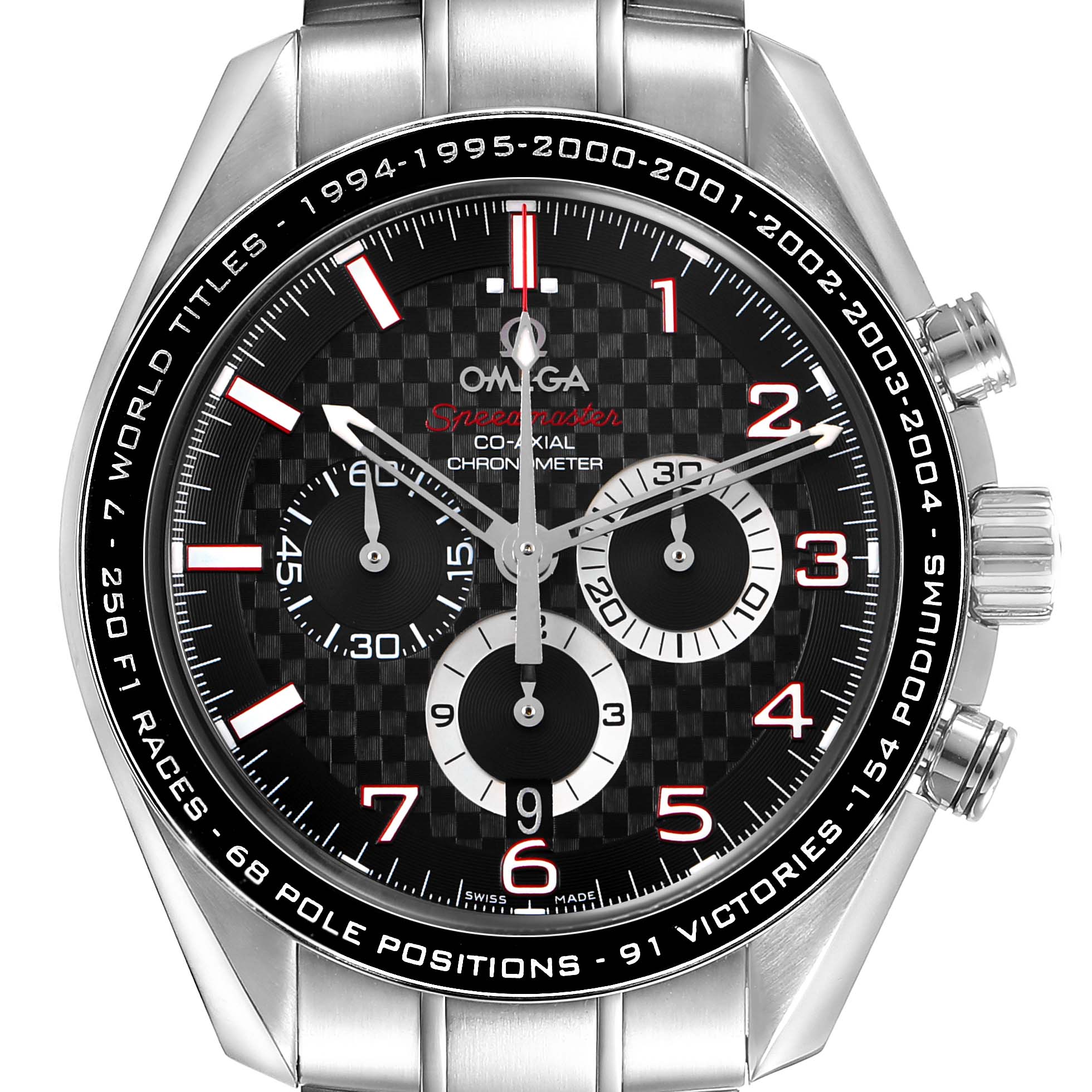 The Omega Speedmaster 321.30.44.50.01.001 Men's Stainless Steel Black Dial watch is shown from the front, highlighting its face, chronograph subdials, bezel, and push-pieces.