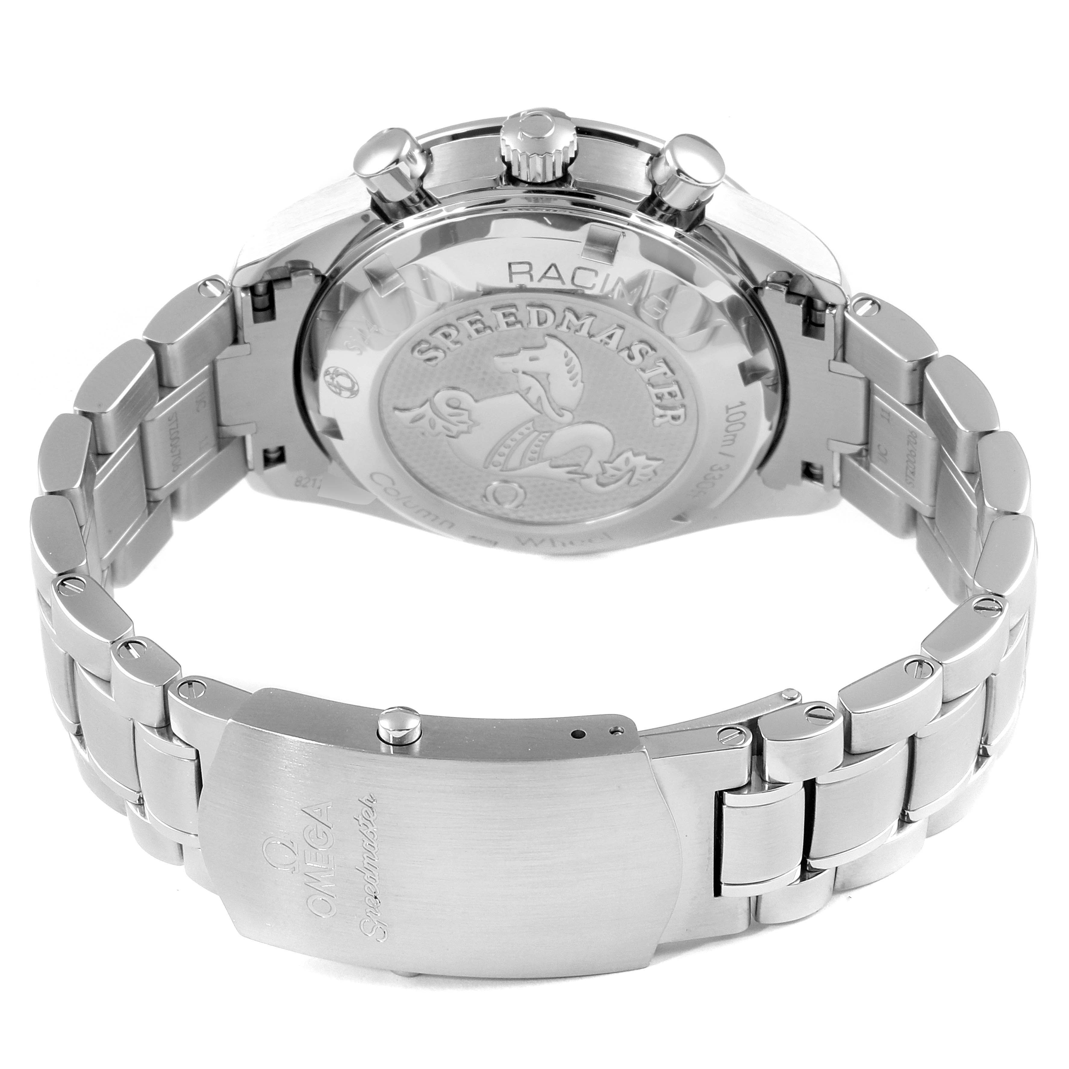 The image shows the back and clasp of the Omega Speedmaster 326.30.40.50.01.001 Men
s Stainless Steel Black Dial 326.30.40.50.01.001 Men
s Stainless Steel Black Dial watch, highlighting the case back and bracelet.